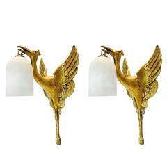 Fabulous Deco Crane Sconces, Gilded with Alabaster Shades