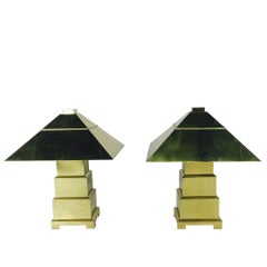 Pair of Stacked Brass Lamps with Domed Brass Shades