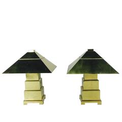 Pair of Stacked Brass Lamps with Domed Brass Shades 7