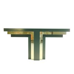 Stacked T-Shaped Teal Lacquered and Brass Console Table