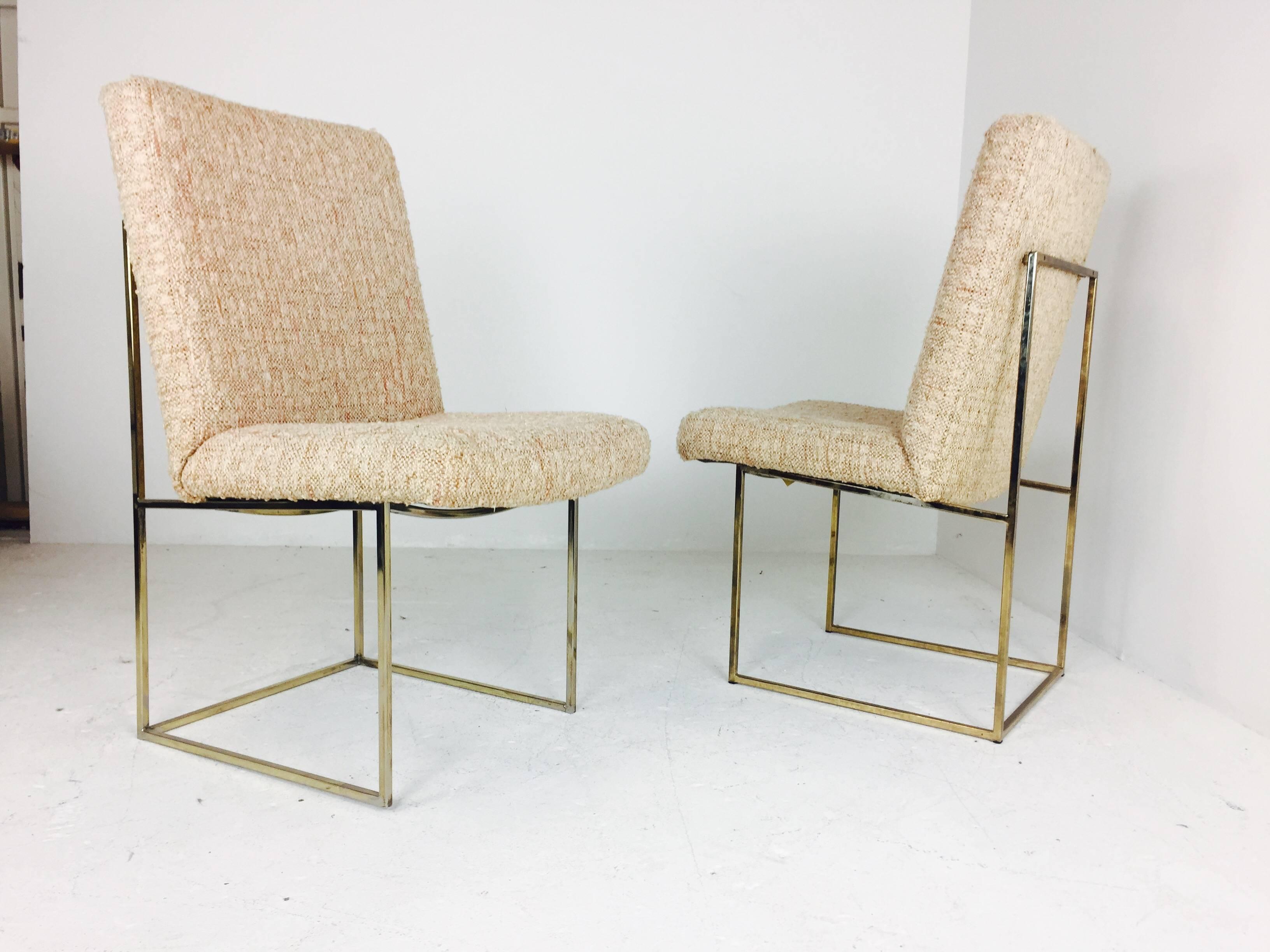 Plated Pair of Milo Baughman Brass Dining Chairs with Original Textured Fabric