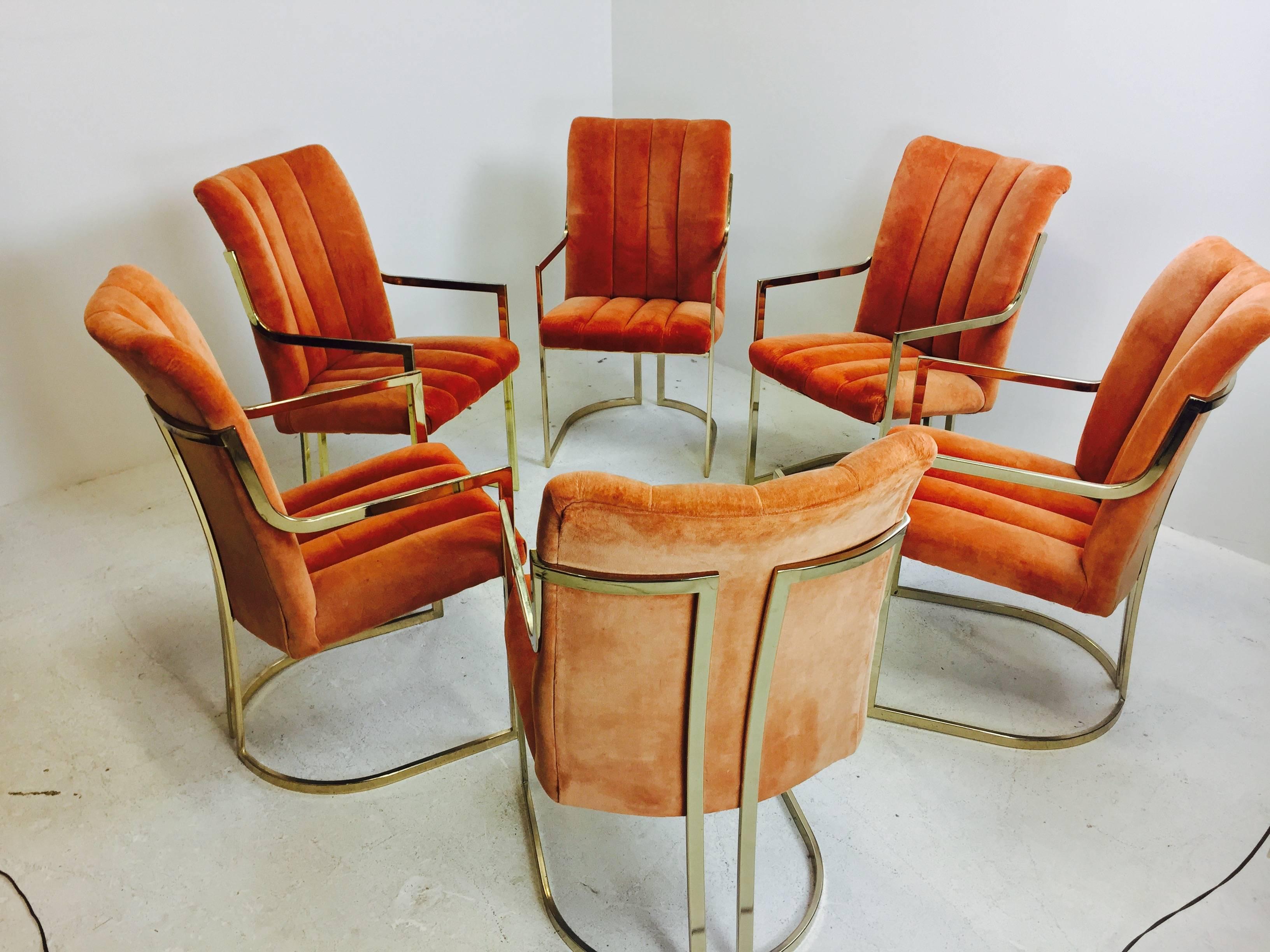 Set of six brass and orange velvet dining chairs by Pierre Cardin. New upholstery and refinishing is recommended, circa 1970s.

Dimensions: 20