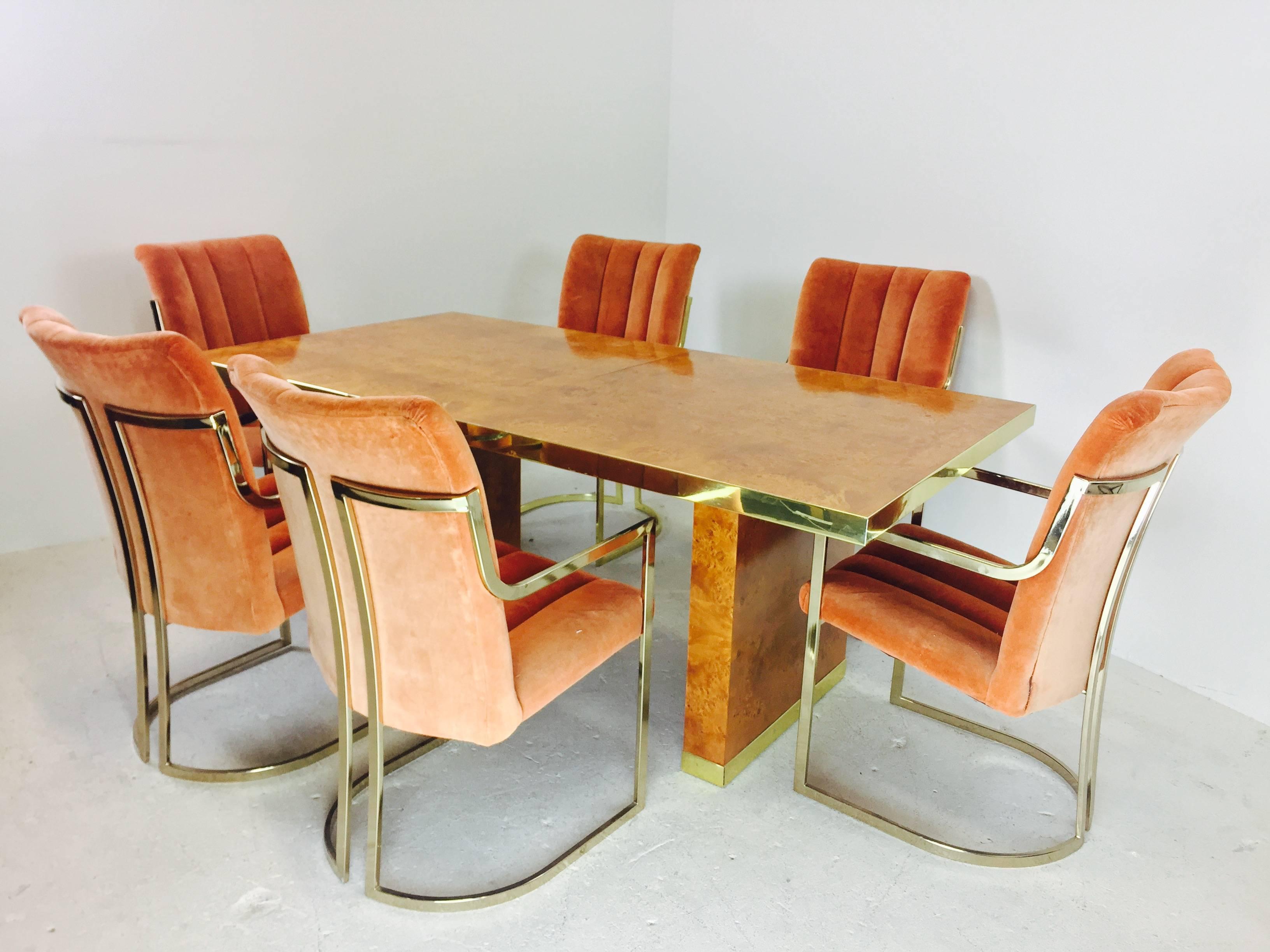Set of Six Brass and Velvet Dining Chairs by Pierre Cardin 1