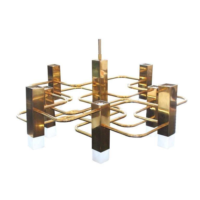 Nine-light Boulanger brass geometric chandelier by Sciolari. 
 
Dimensions: 22" W x 22" D x 16" T.
