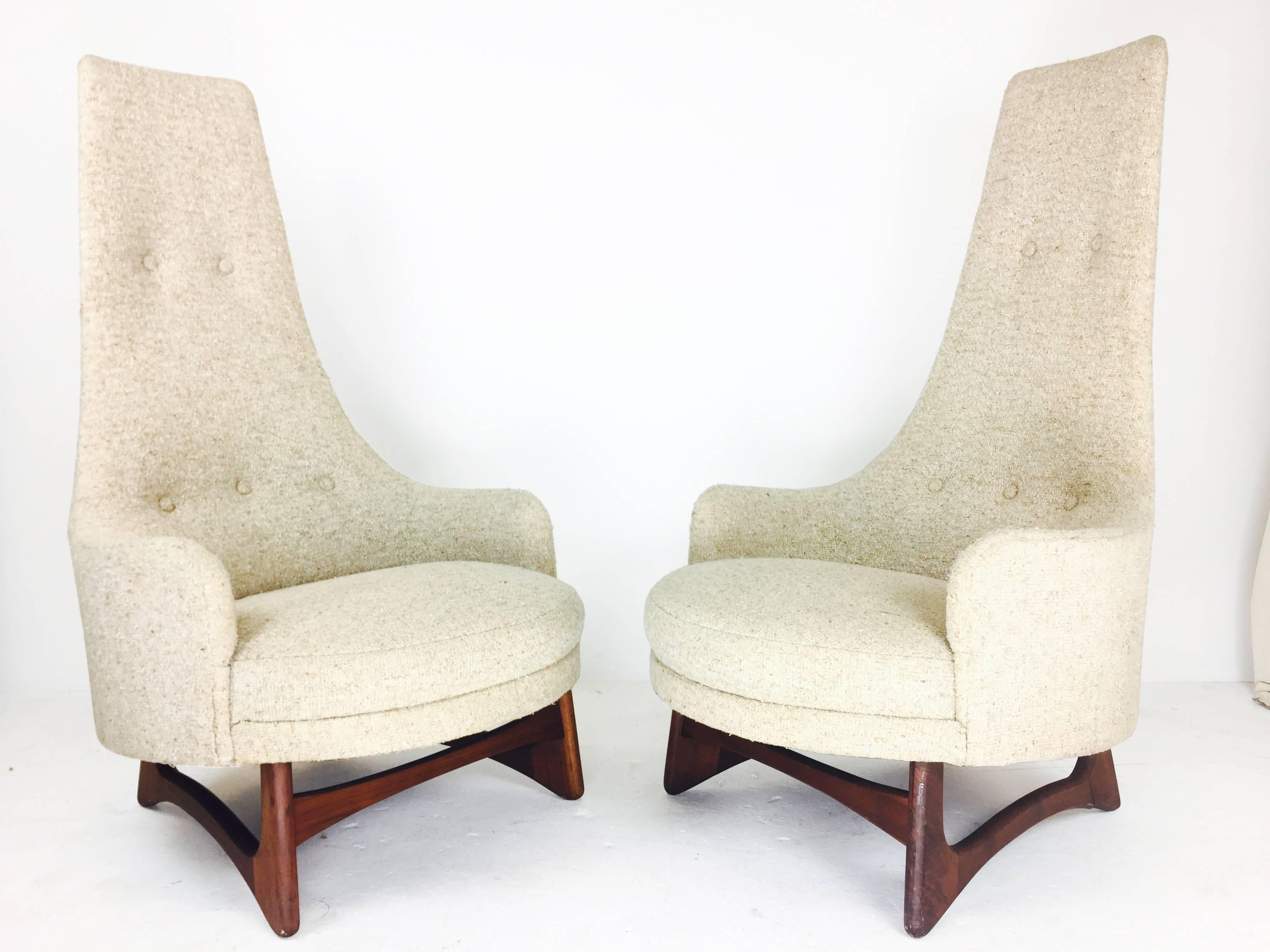 Pair of tall back Adrian Pearsall armchairs. The original textured upholstery is in good vintage condition and the legs need a little tlc, circa 1960s.

Dimensions: 31" W x 36" D x 54" T,
seat height 19.
 