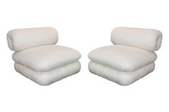 Pair of 1980's Unique and Sculptural Roll Back Slipper Chairs and Ottomans