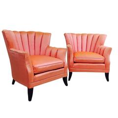 Pair of Coral Silk Channel Back Regency Armchairs