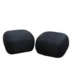 Pair of Black Woodgrain Upholstered Poufs on Casters