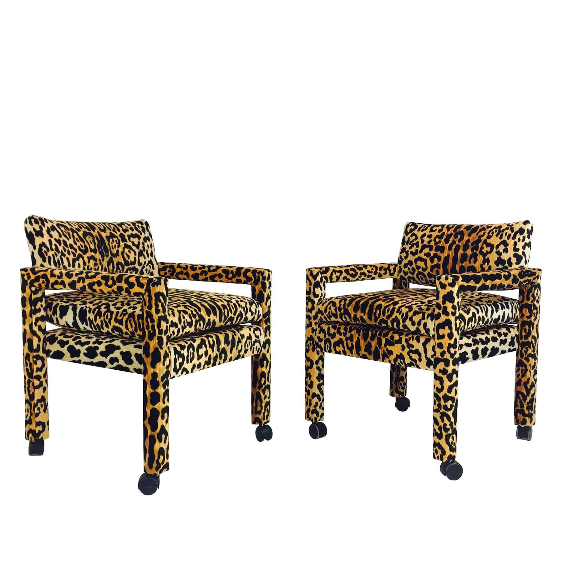 Pair of Milo Baughman Leopard Parsons Chairs on Casters