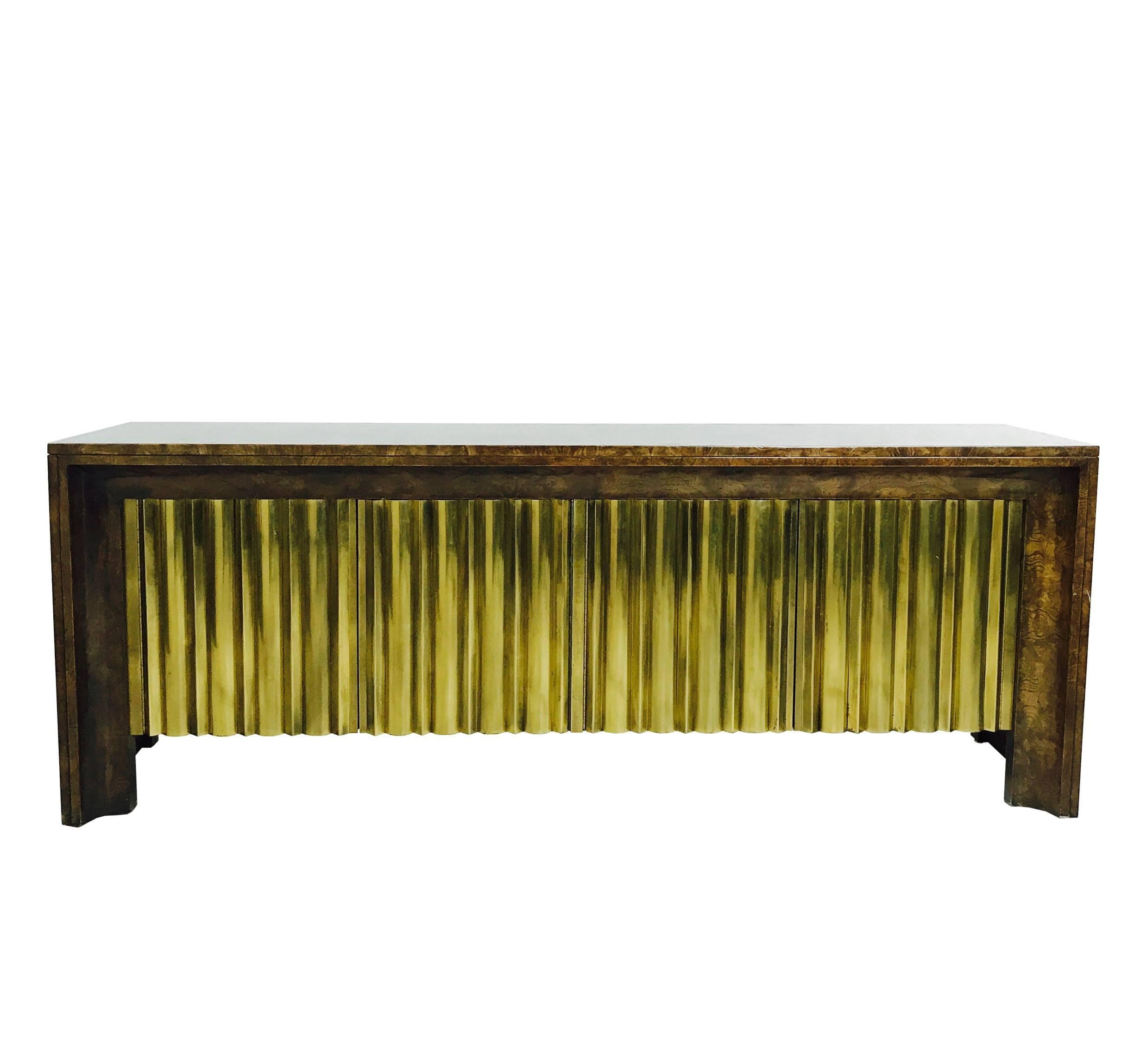 Rare Brass Front Burl Wood Credenza by Mastercraft