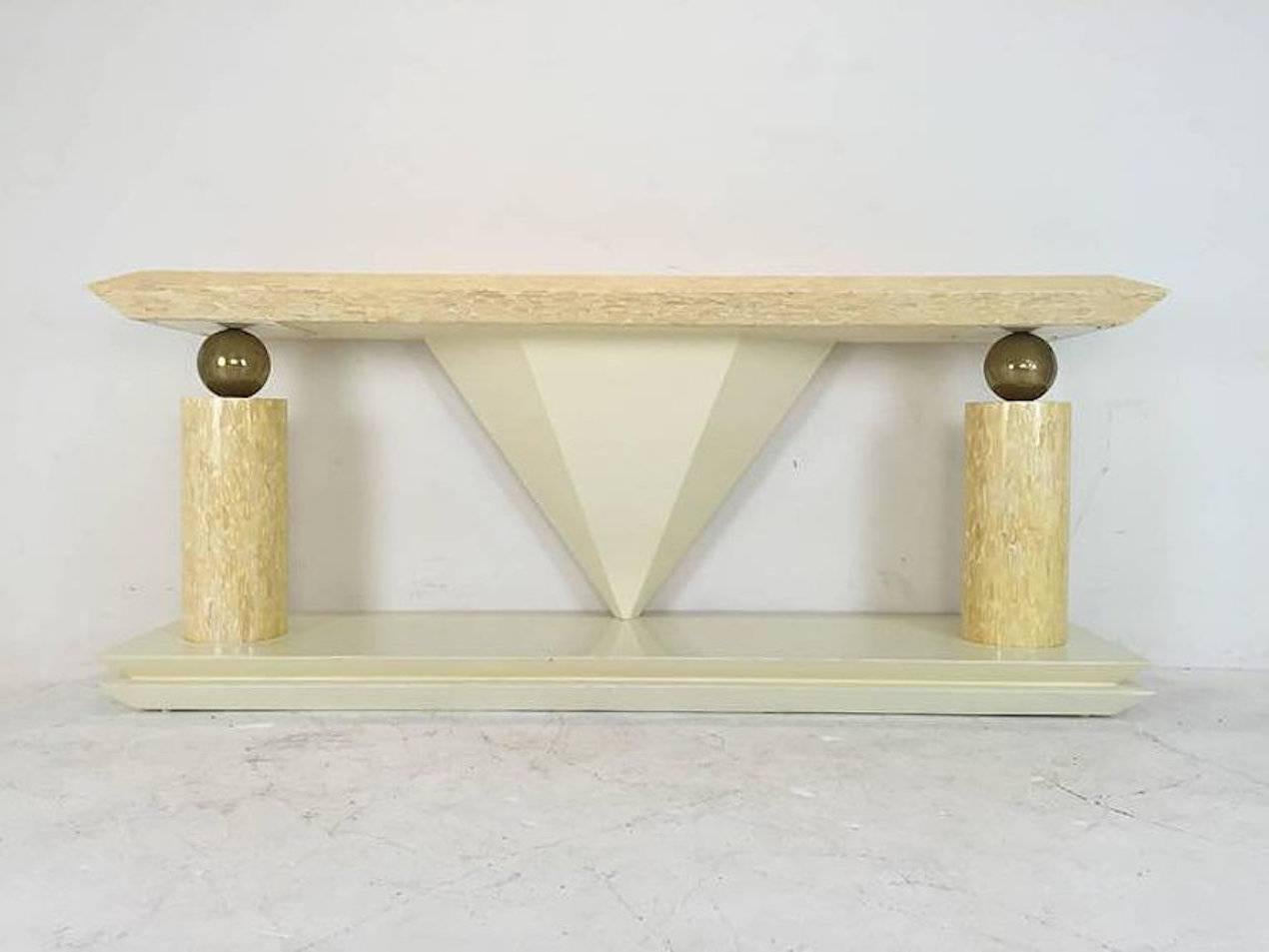 Tessellated Bone/Antler console table. In good vintage conation with wear for use,
circa 1980s

Contact us for more information on console.

Dimensions:72