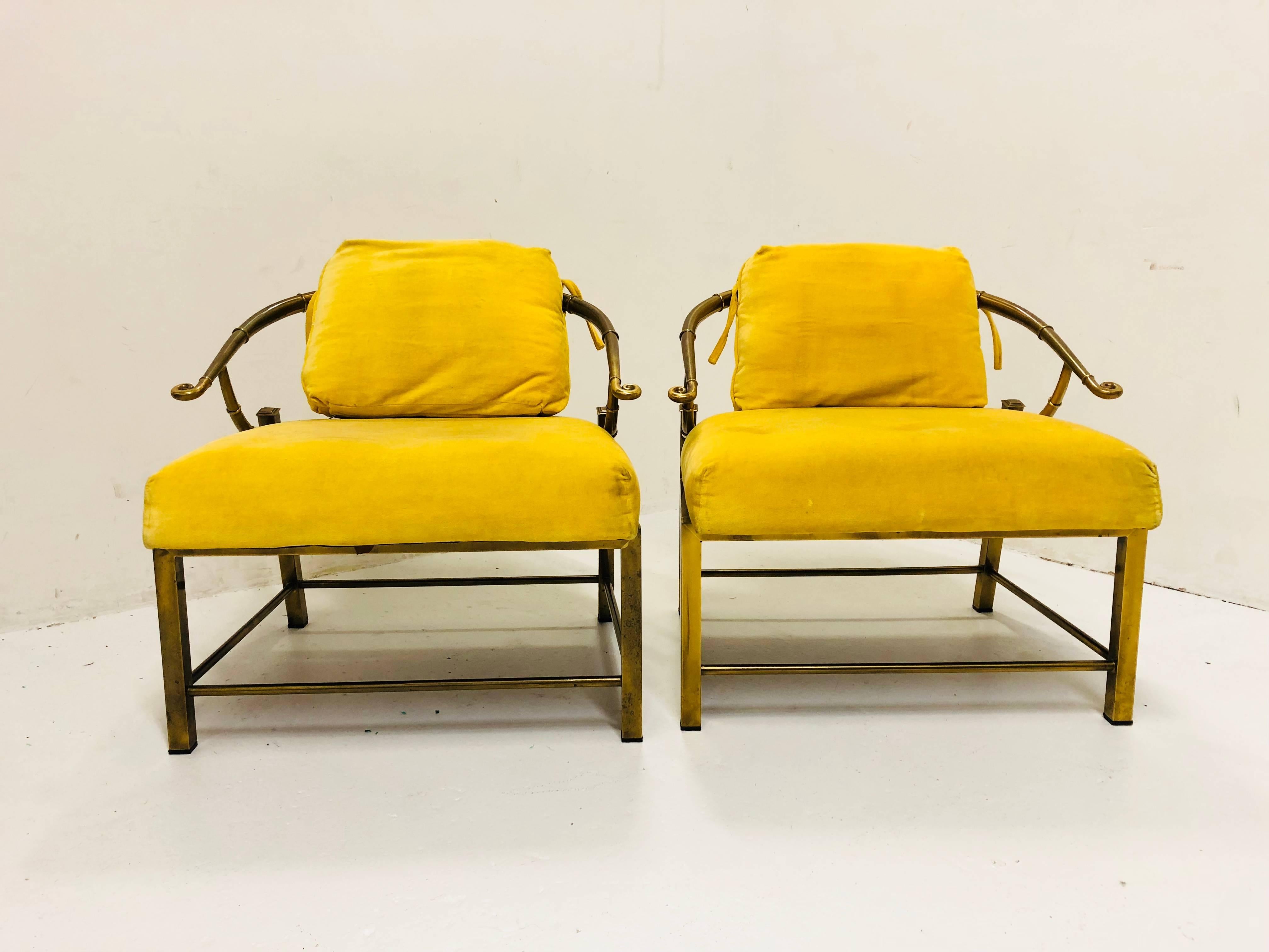 Pair of Brass Ming Lounge Chairs with Yellow Velvet In Good Condition For Sale In Dallas, TX