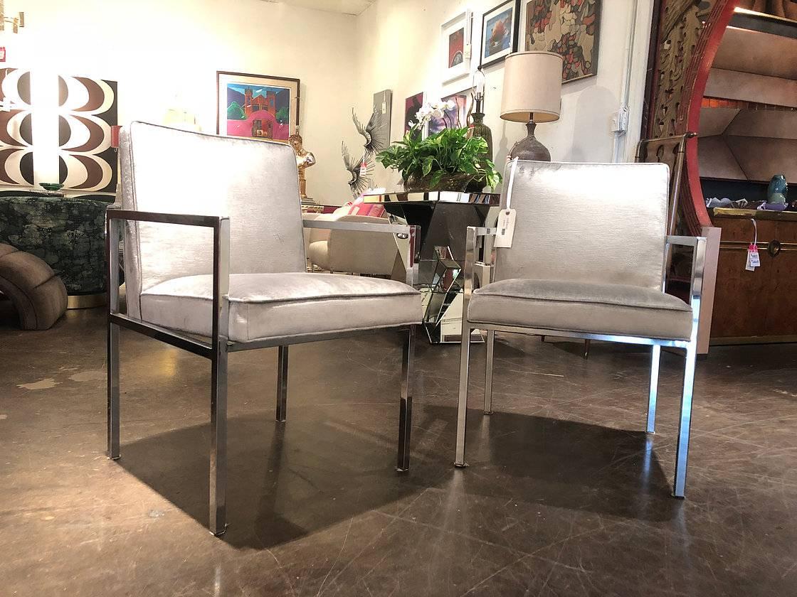Pair of chrome armchairs with silver velvet. Newly upholstered.

(Two sets of pairs available)

Dimensions: 21.5