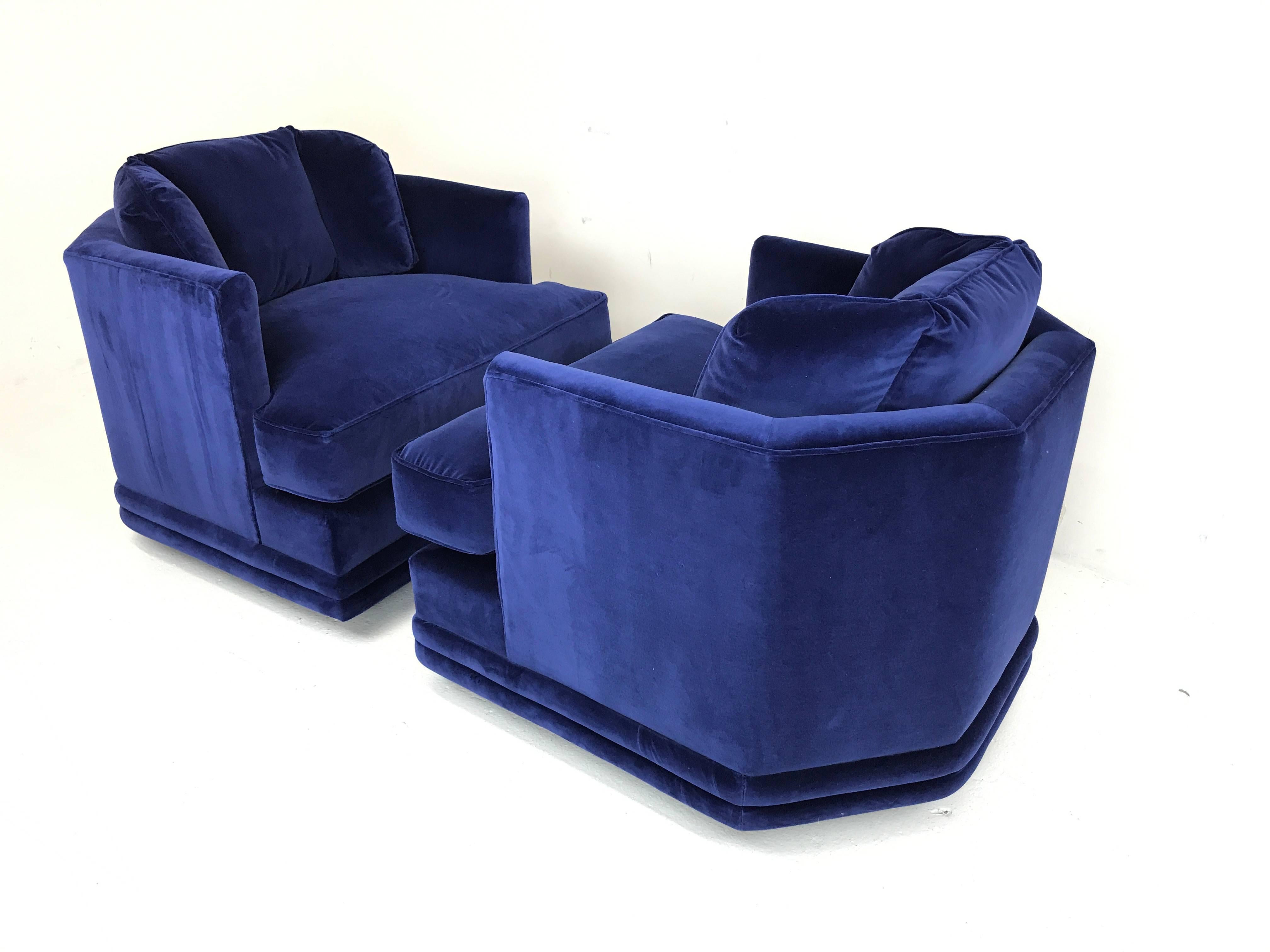 Pair of Blue Velvet Hex Back Swivel Chairs in the Style of Milo Baughman 1