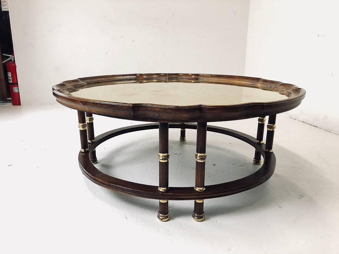 Wood and Brass Accented Pie Crust Coffee Table with Gold Mirrored Glass In Good Condition In Dallas, TX