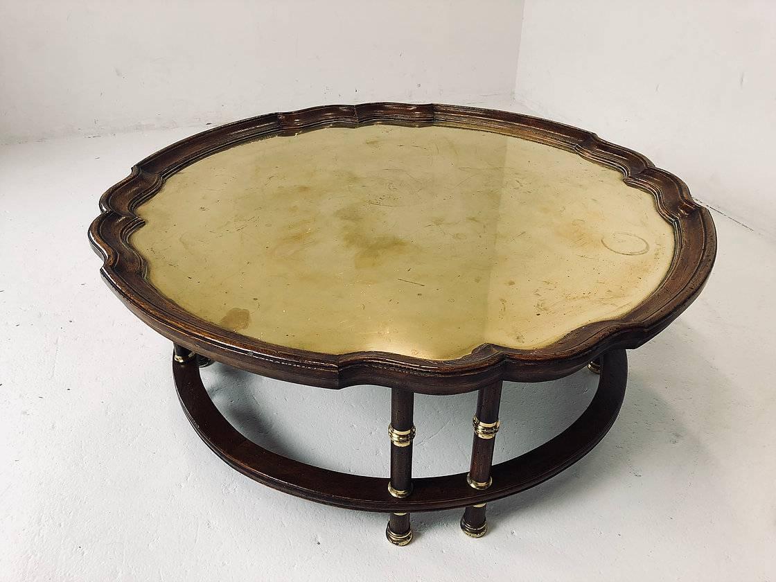 Plated Wood and Brass Accented Pie Crust Coffee Table with Gold Mirrored Glass