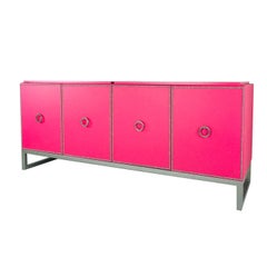 Parzinger Style Pink Vinyl Wrapped Vanity or Credenza with Nail Heads