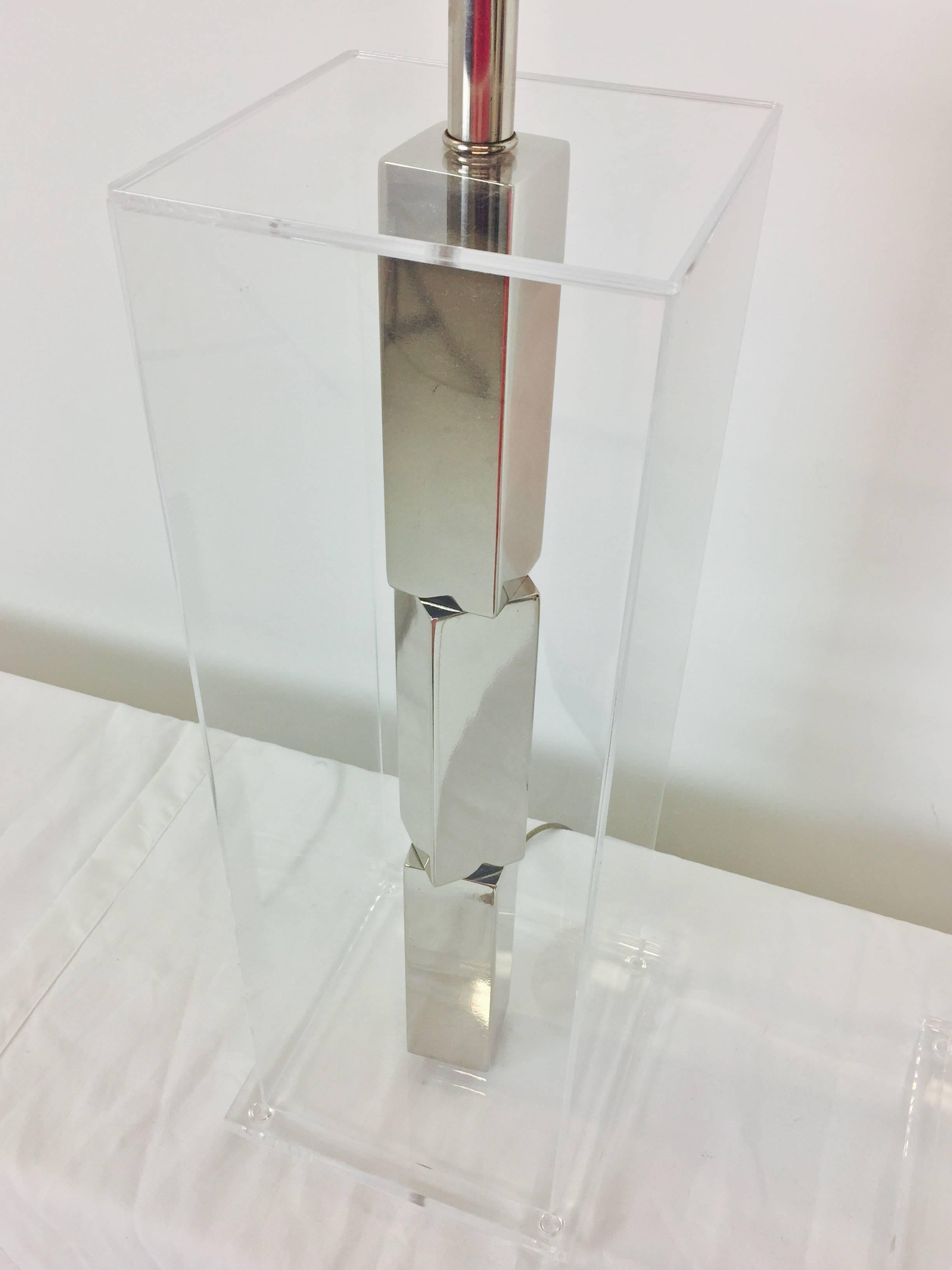 Pair of Lucite and Chrome Table Lamps by Laurel with Silk Shades 4