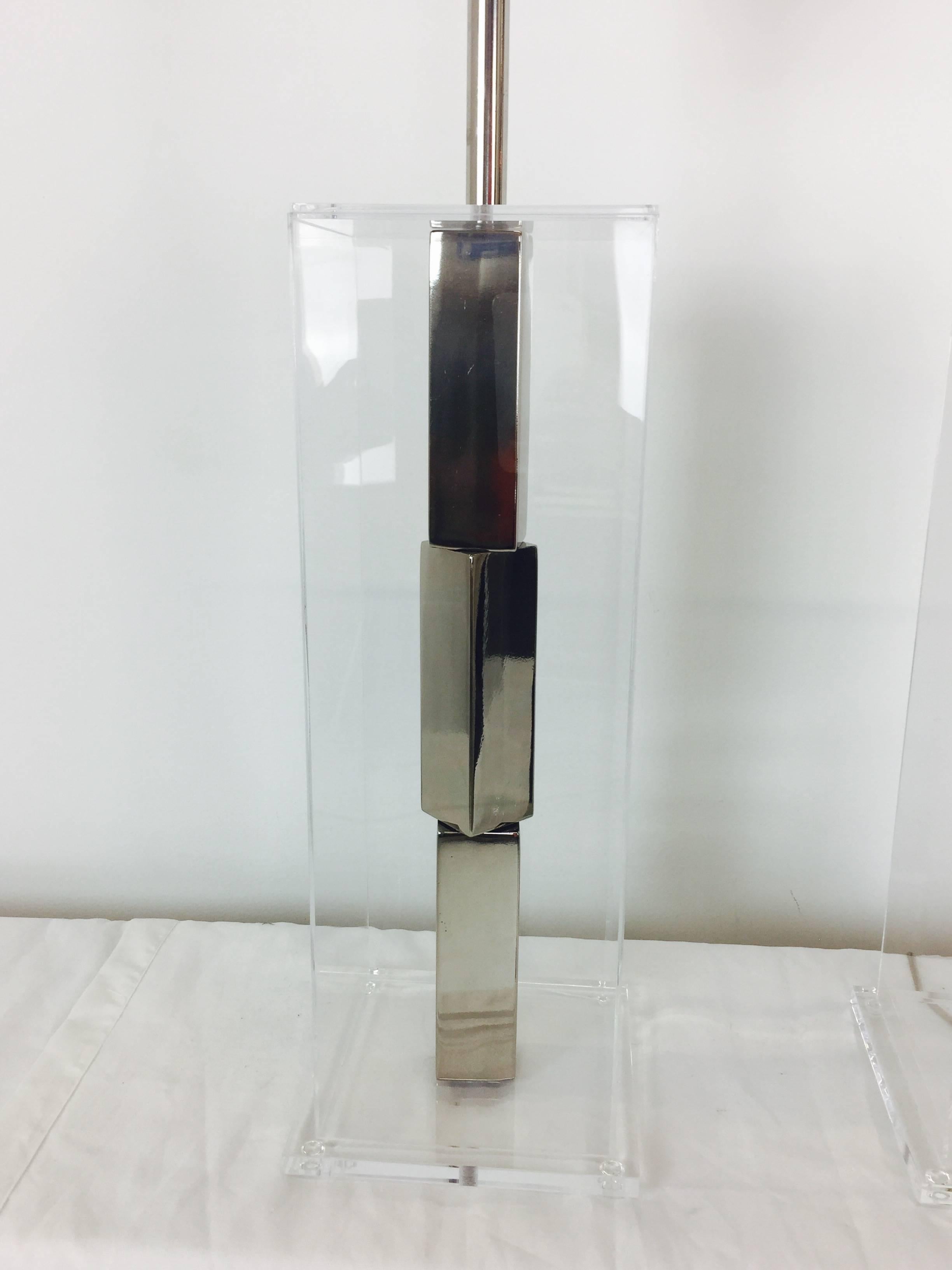 Pair of Lucite and Chrome Table Lamps by Laurel with Silk Shades 5