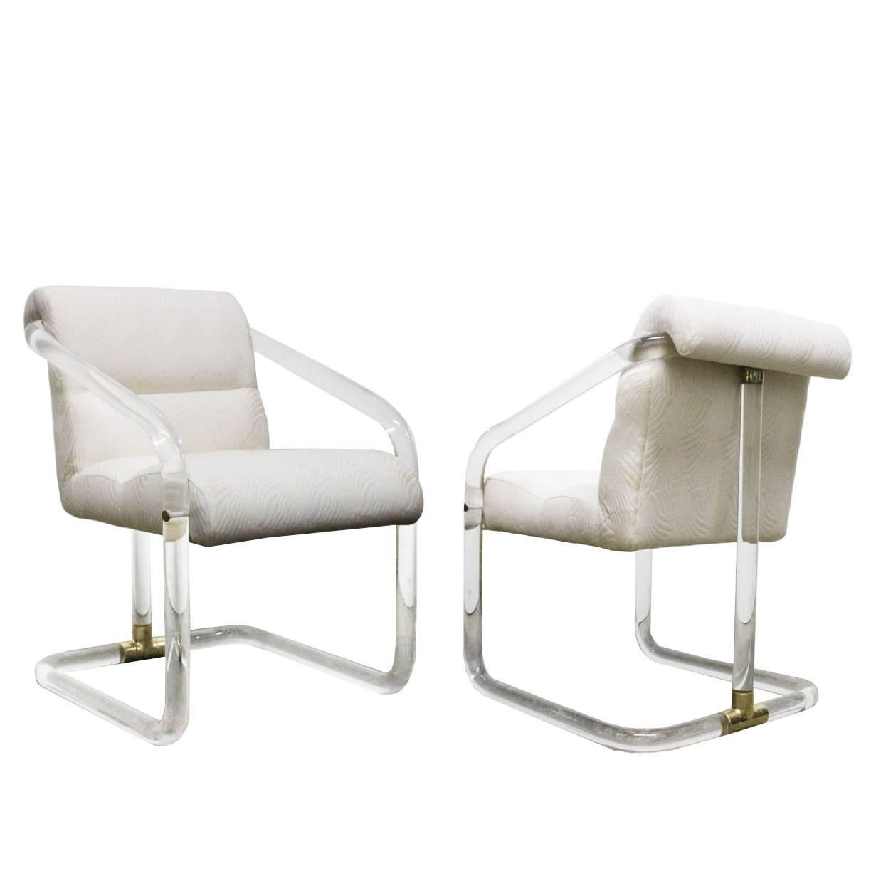 Pair Lion in Frost Lucite and Brass Dining Chairs