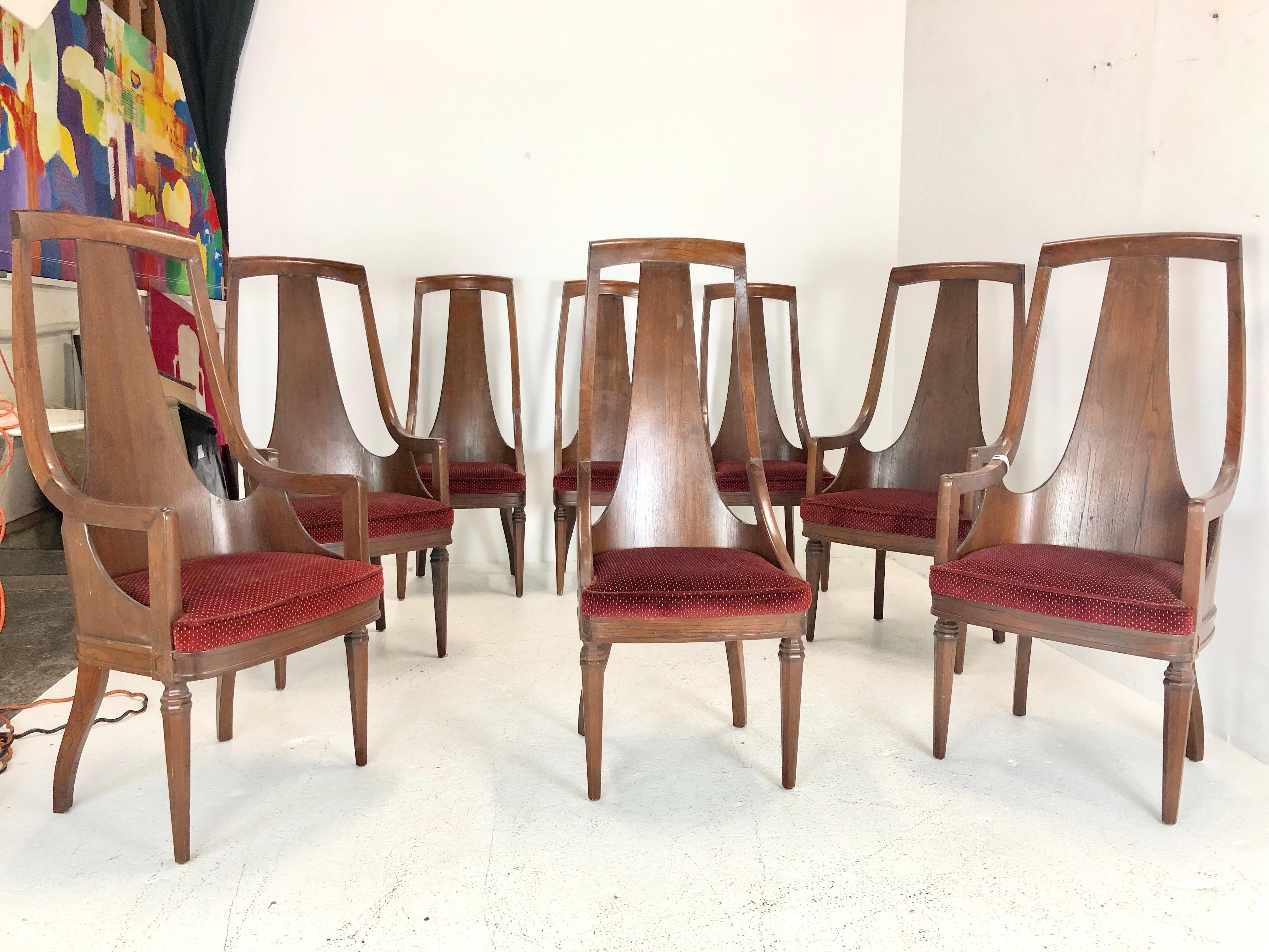 Set of 4 tall back walnut armchairs. These chairs have been re-glued and need refinishing.

See our other listing with 4 side dining chairs

Dimensions;
Armchairs 21