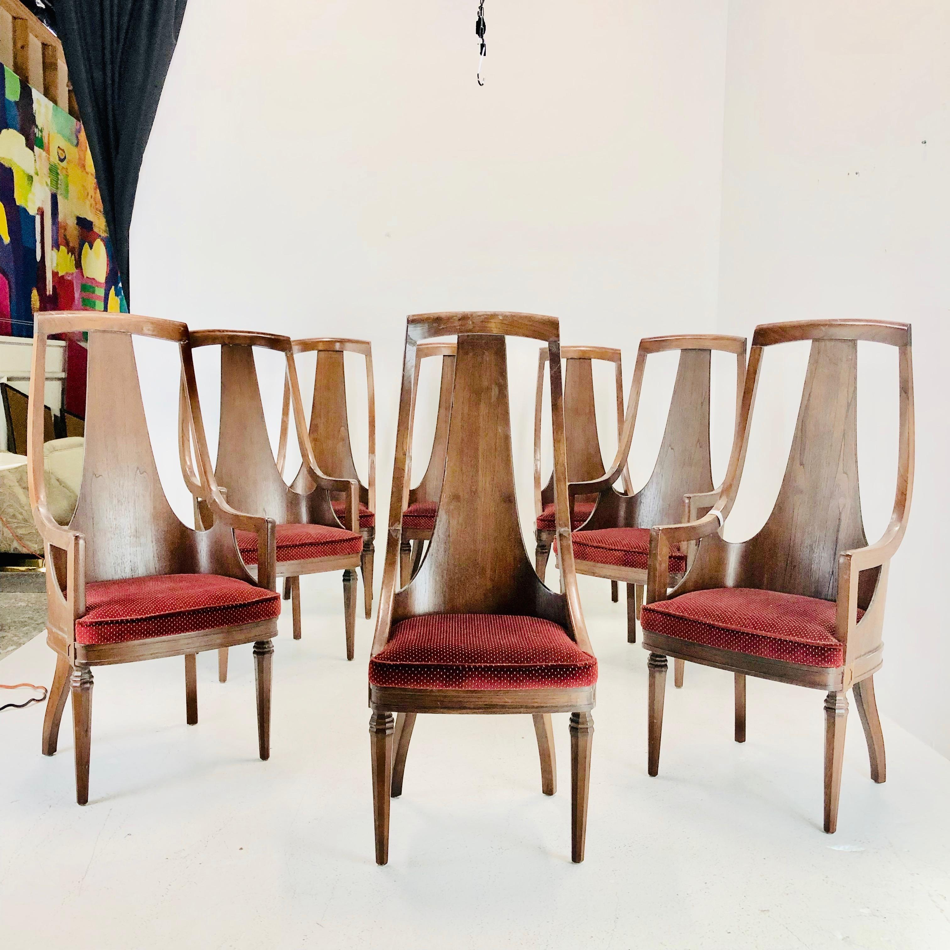 Set of Tall Back Walnut Dining Armchairs In Good Condition In Dallas, TX