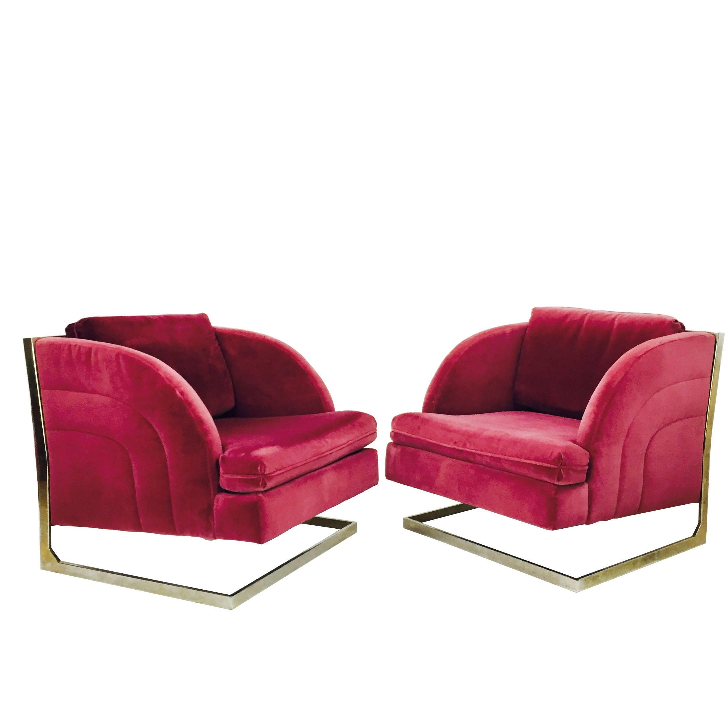 Pair of pink cantilever 1970s disco chairs in the style of Milo Baughman. 

Dimensions: 29" W x 34" D x 28" T
Seat height 17".