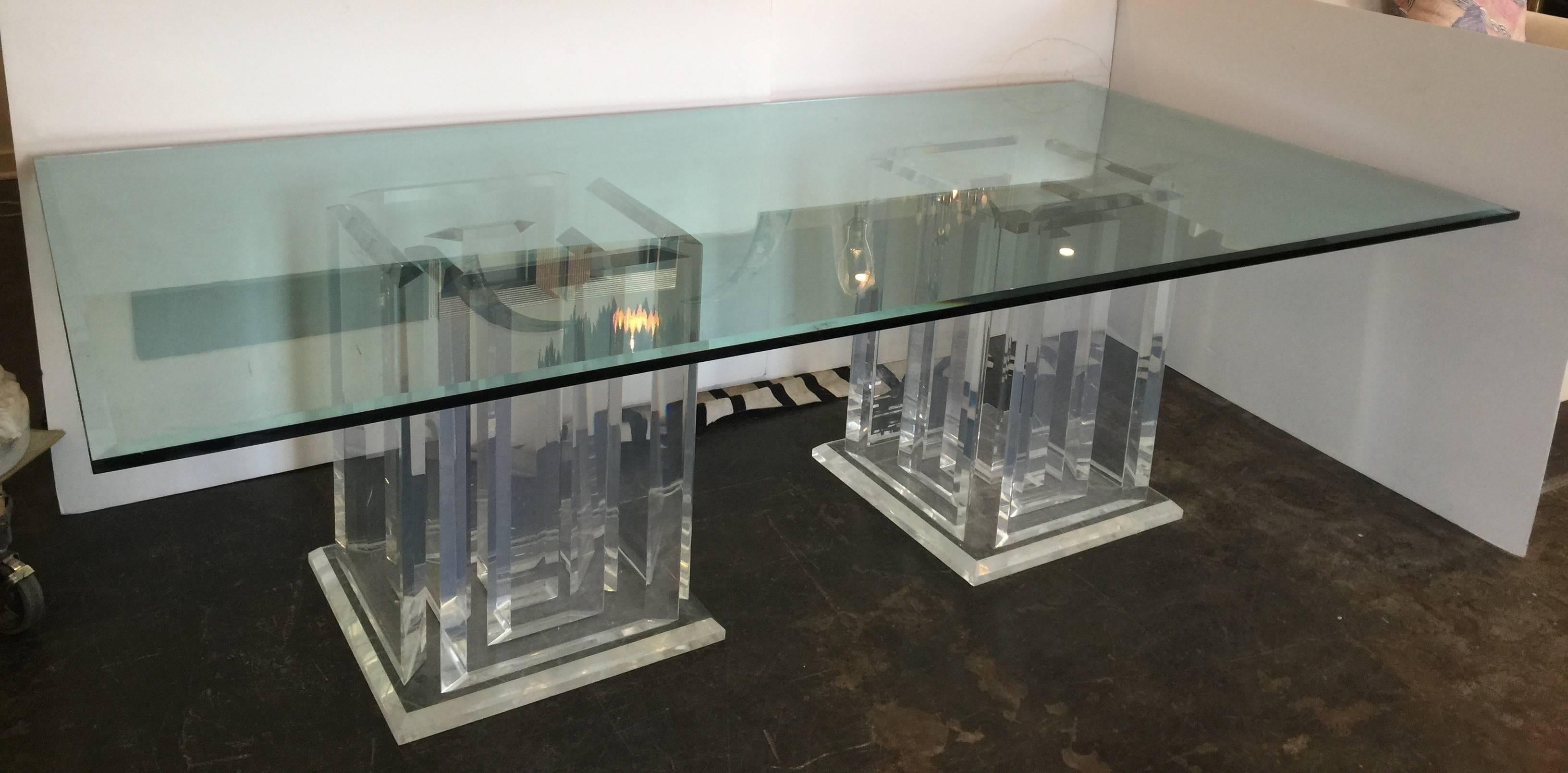 Pair of Lucite Pedestals and Glass Dining Table 2
