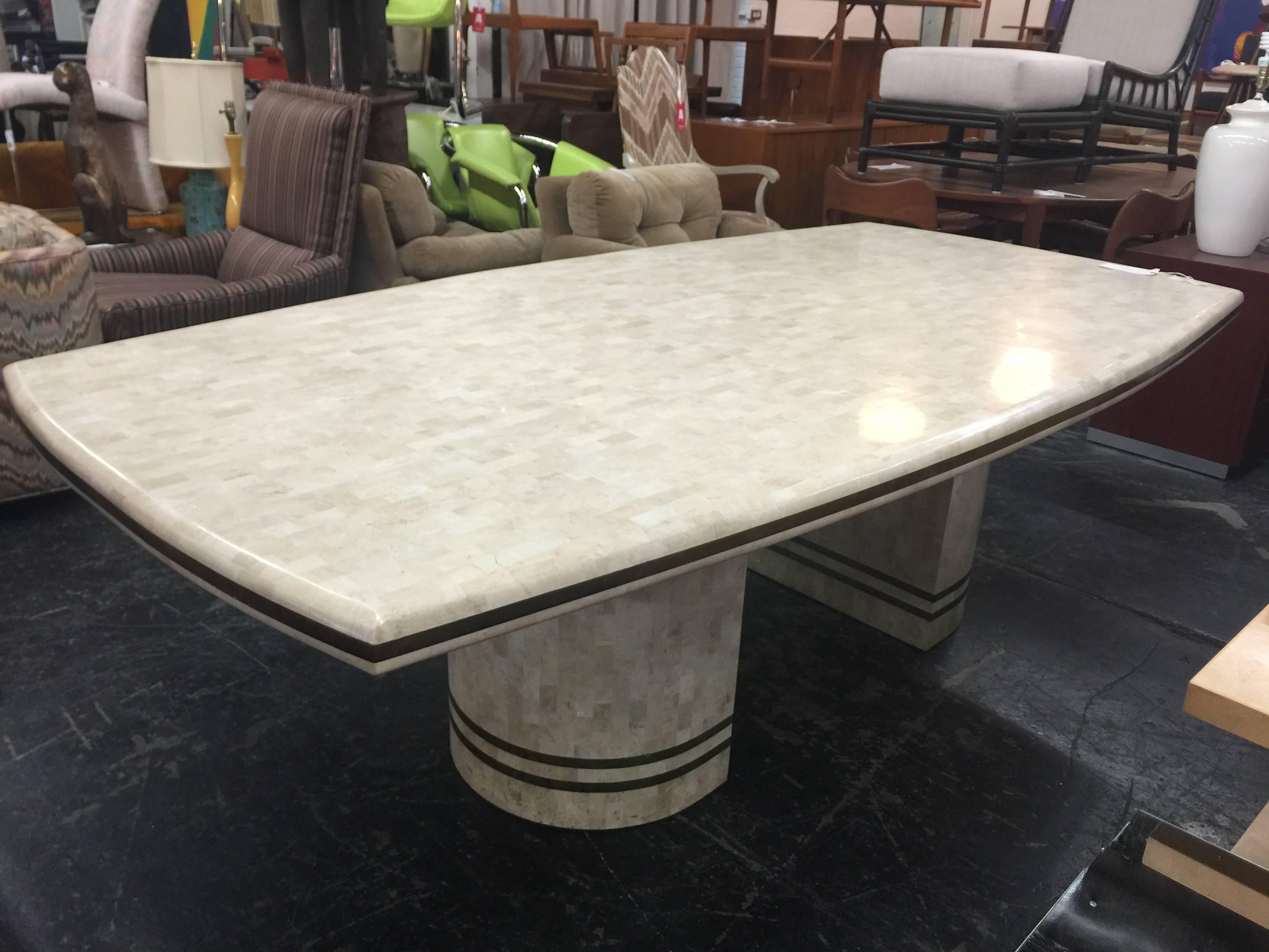Mid-Century Modern Tessellated Marble and Brass Dining Table