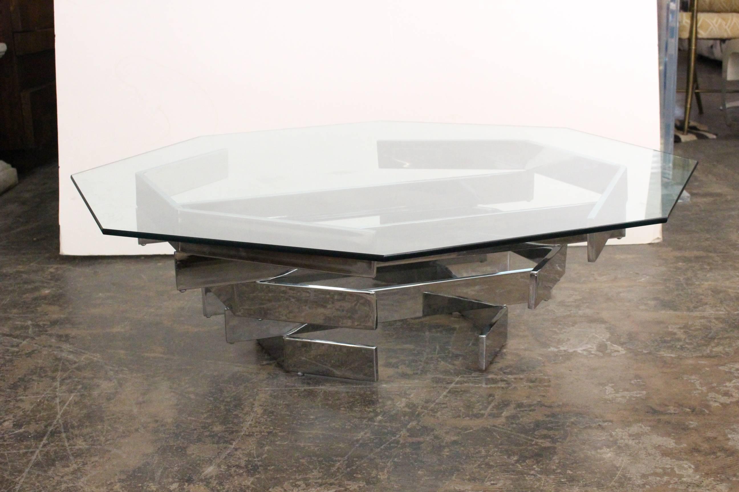 1970s sculptural chrome and glass coffee table by Paul Mayen for Habitat. 1/4