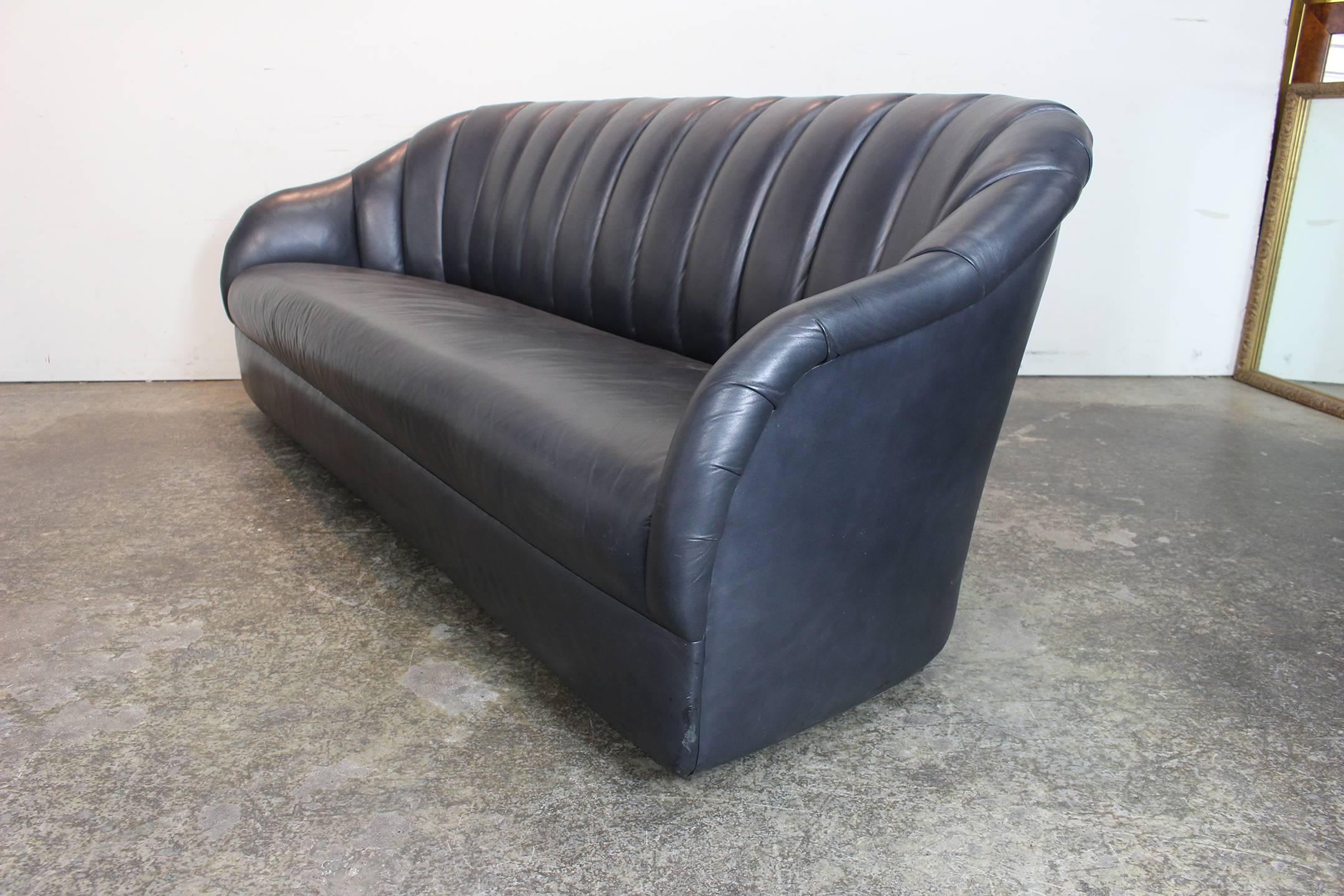 Modern Channel Back Leather Sofa by Ward Bennett