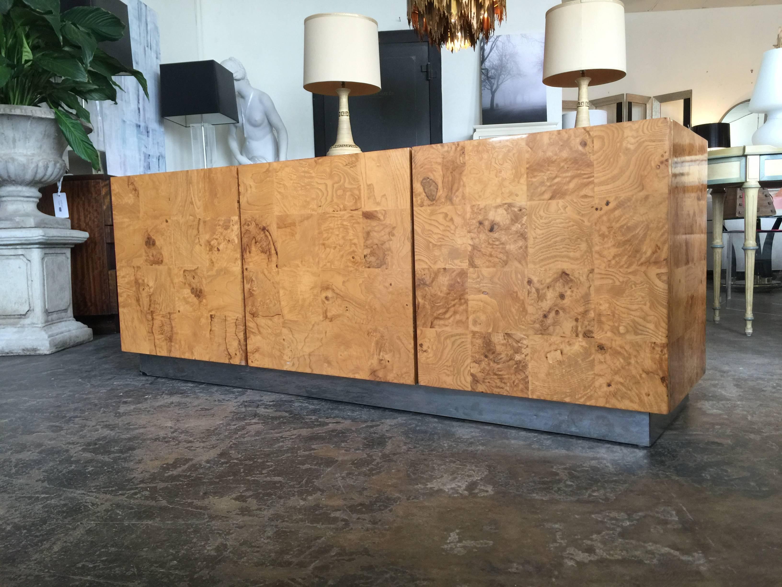 Milo Baughman burl wood credenza. She is a shorty however, yet perfect to anchor your big screen TV.

Dimensions: 66