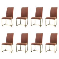 Set of Eight Brass High Back Velvet Dining Chairs by Milo Baughman