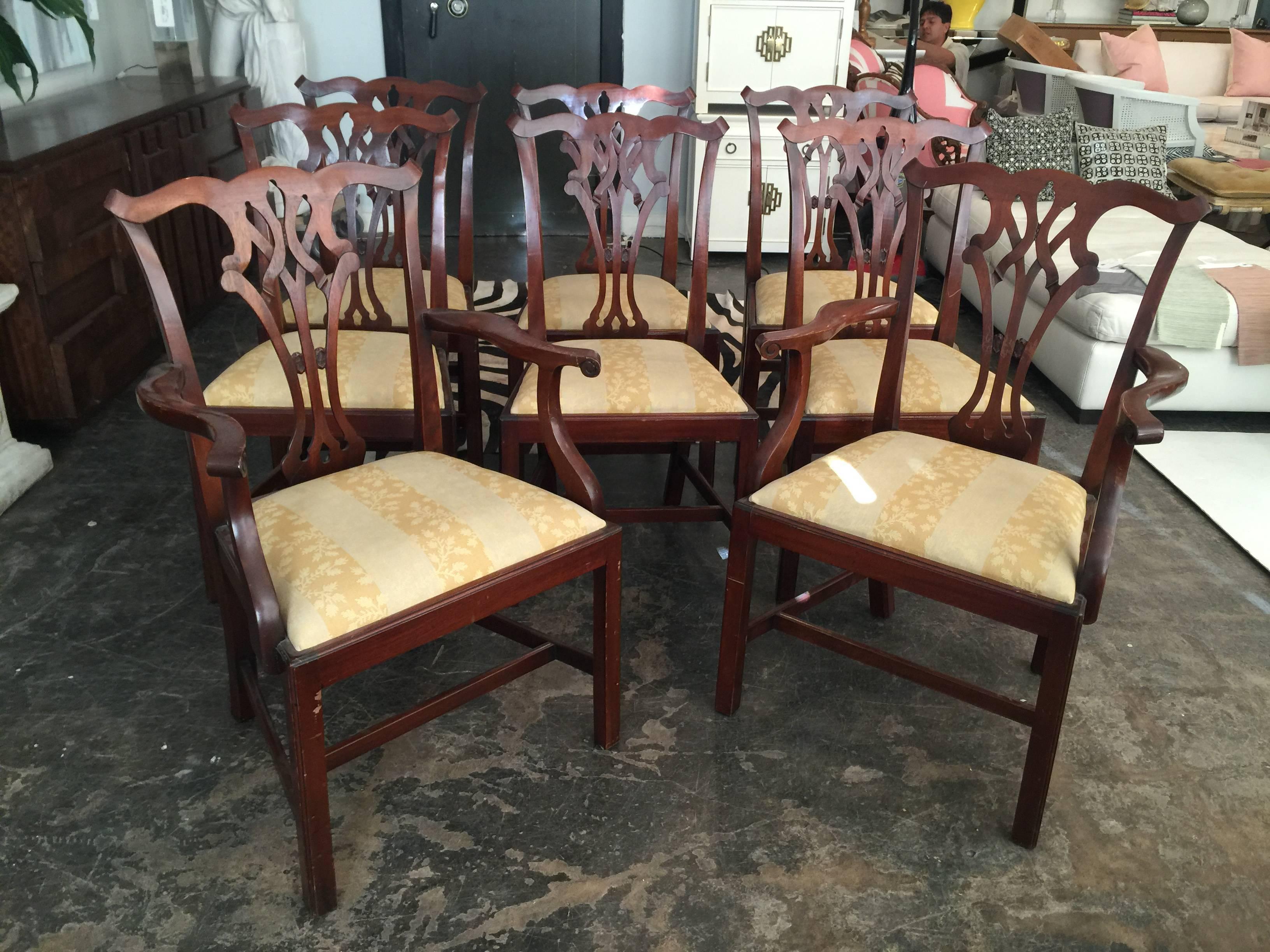 Set of eight Chippendale dining chairs. Two captain's chairs and six side chairs 

Dimensions: 25