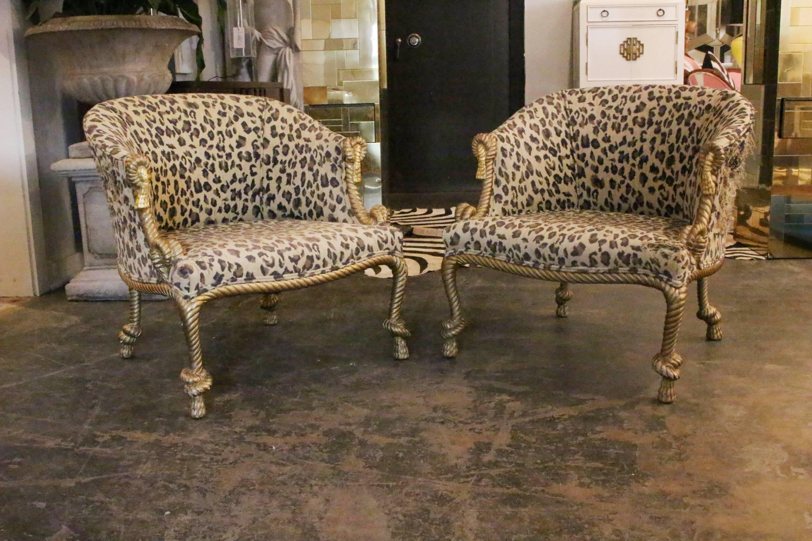 Hollywood Regency Pair of Gilded Leopard Print Rope & Tassel Chairs