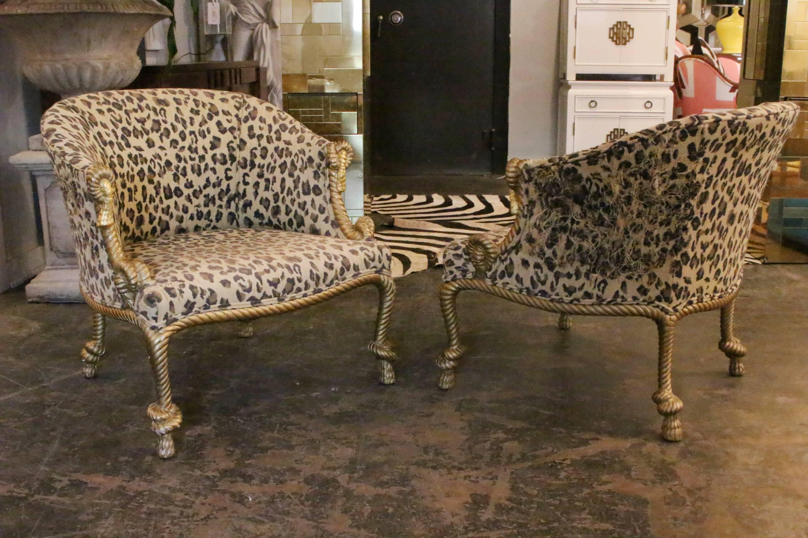 Pair of Gilded Leopard Print Rope & Tassel Chairs In Good Condition In Dallas, TX