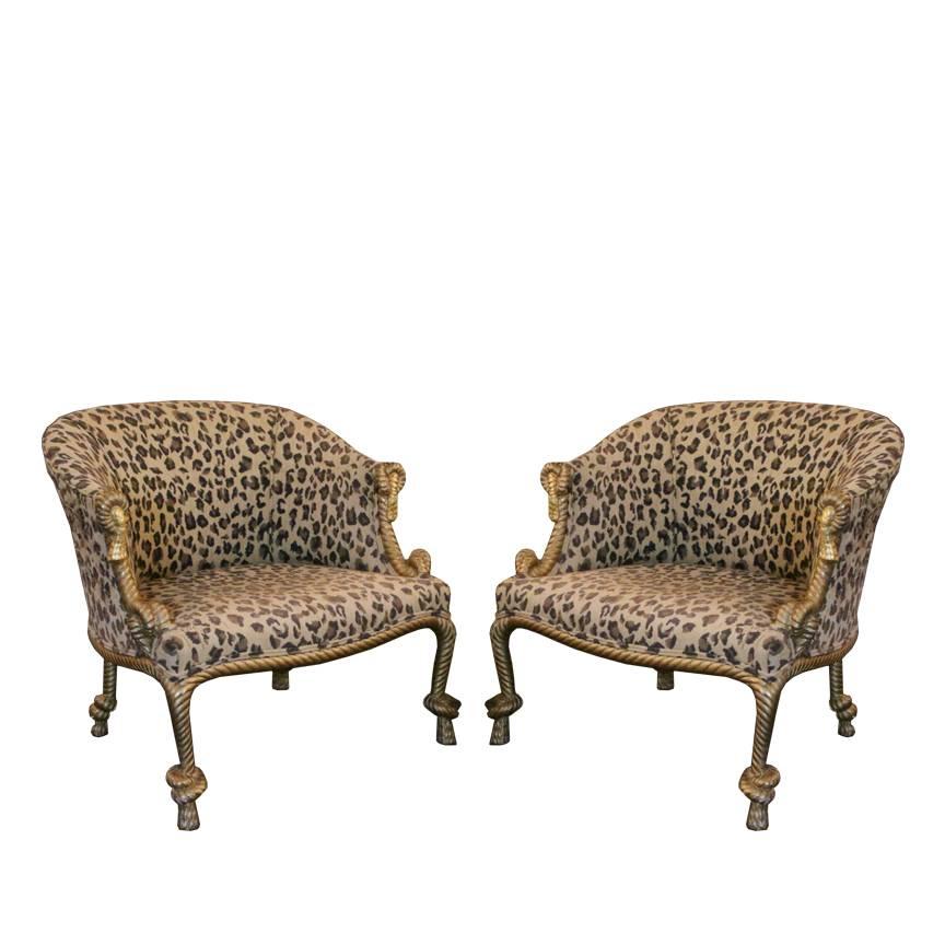 Pair of Gilded Leopard Print Rope & Tassel Chairs 3