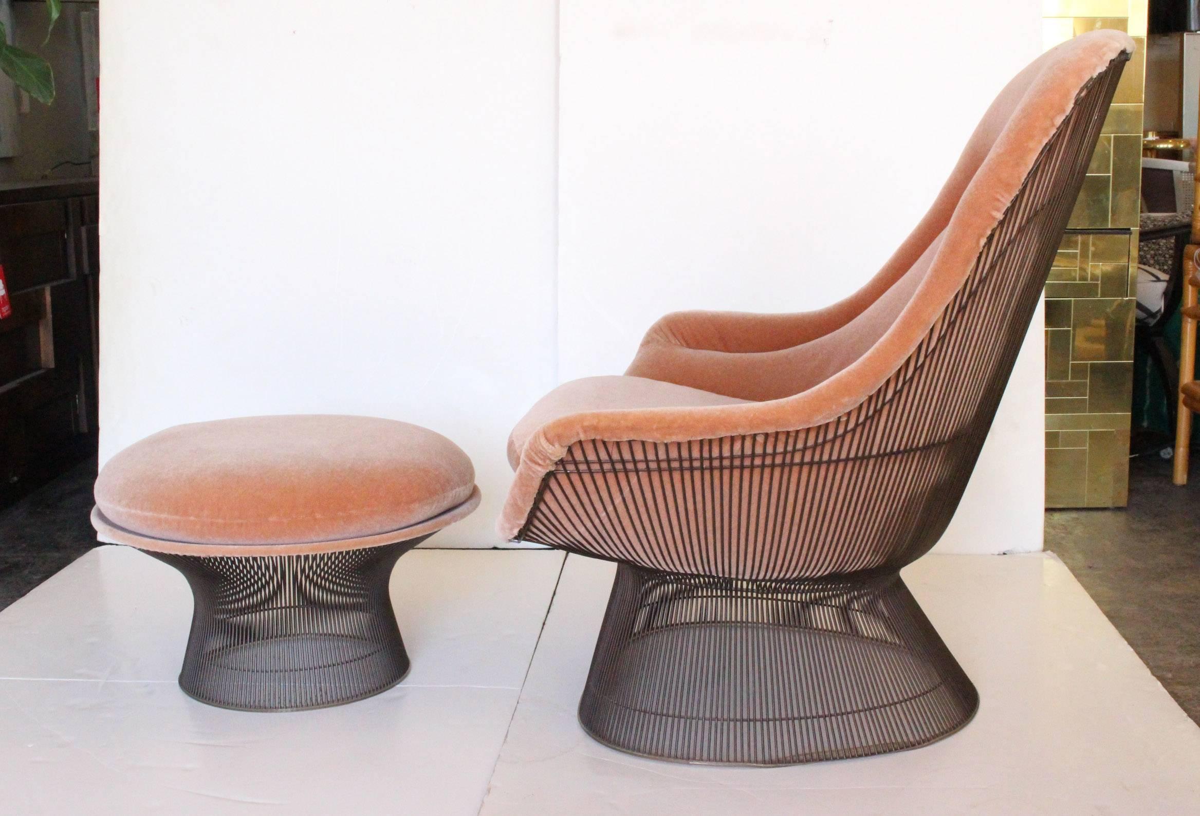 Bronze lounge chair and ottoman by Warren Platner for Knoll upholstered in a peach mohair.

Dimension: 41.5