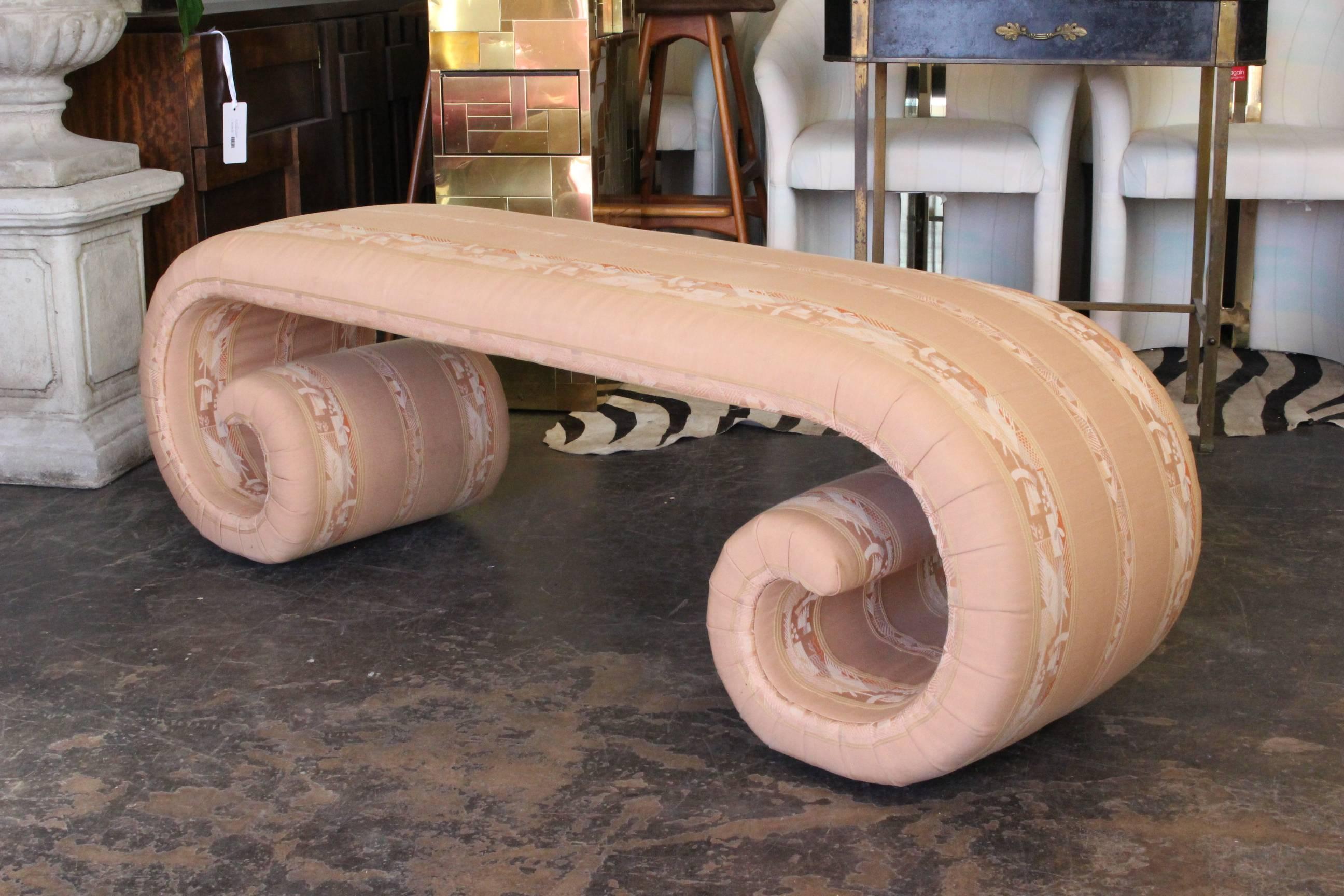 Upholstered Scroll Bench In Good Condition In Dallas, TX