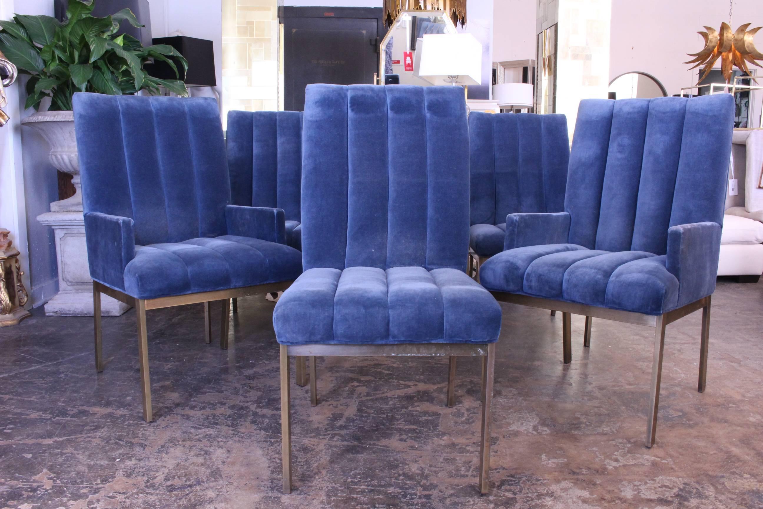 Set of six velvet dining chairs by DIA. There is patina on metal surface.

Dimensions: 22