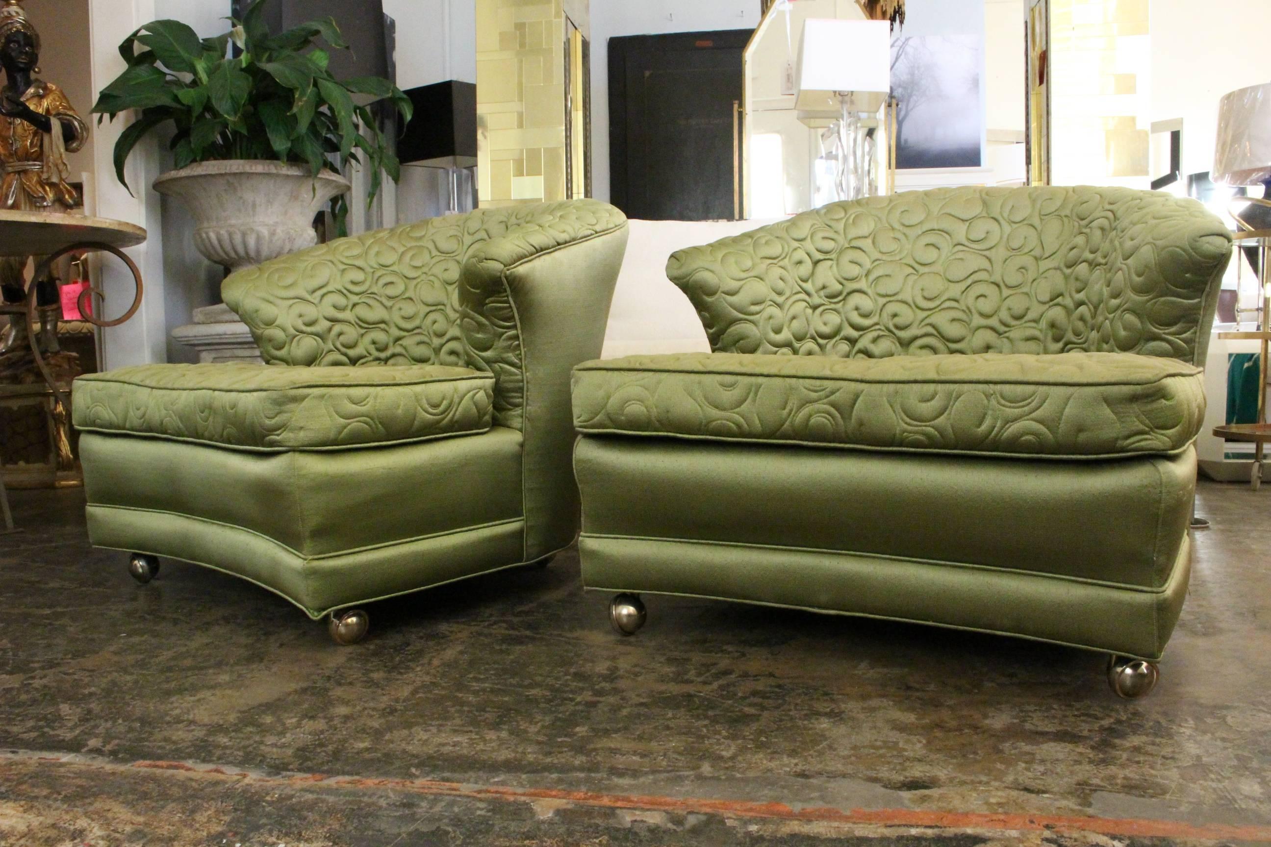 Pair Regency slipper lounge chairs.

Dimensions: 34" W x 33" D x 28" T.
Seat height 16".
