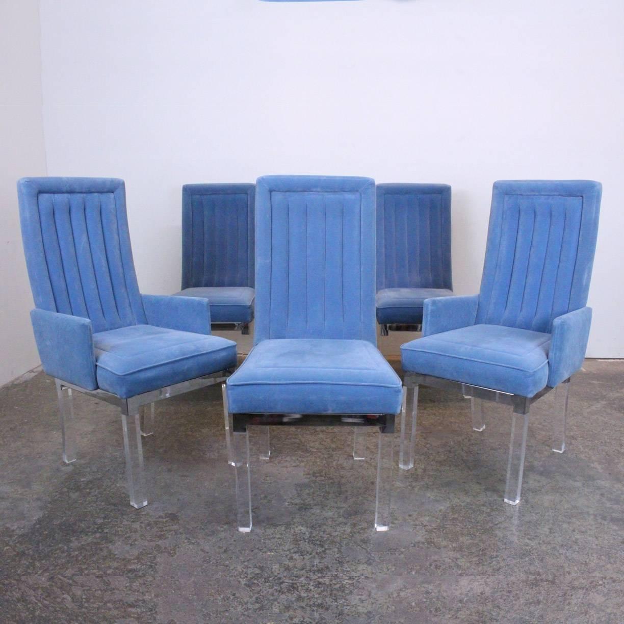 Set of ten Charles Hollis Jones Lucite dining chairs.

Dimensions: 20" W x 22" D x 40.5" T (armchair) 19" W x 22.5" D x 40.5" T (side)
seat height 17.5".