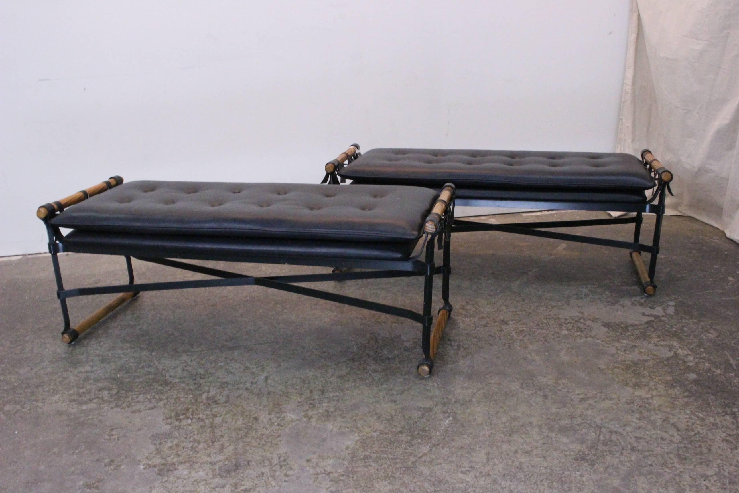 Pair of Faux Leather Campaign Benches by Cleo Baldon 2