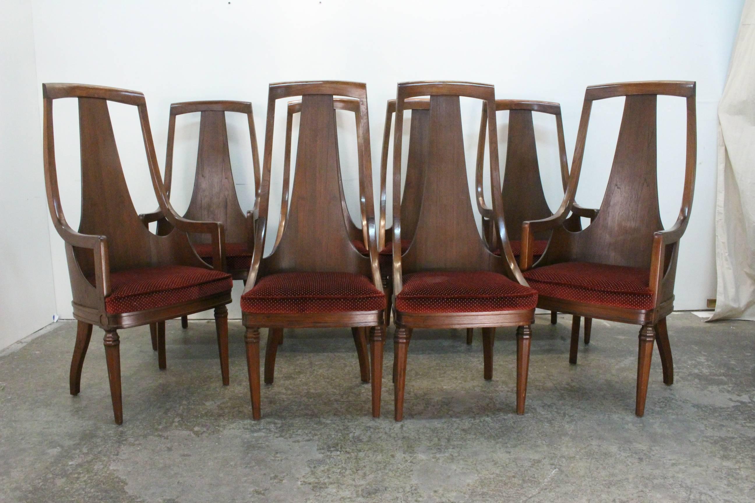 Set of 8 High Back Mid-Century Walnut Dining Chairs. There are a set of 4 armchairs and 4 side chairs. 

dimensions: 19