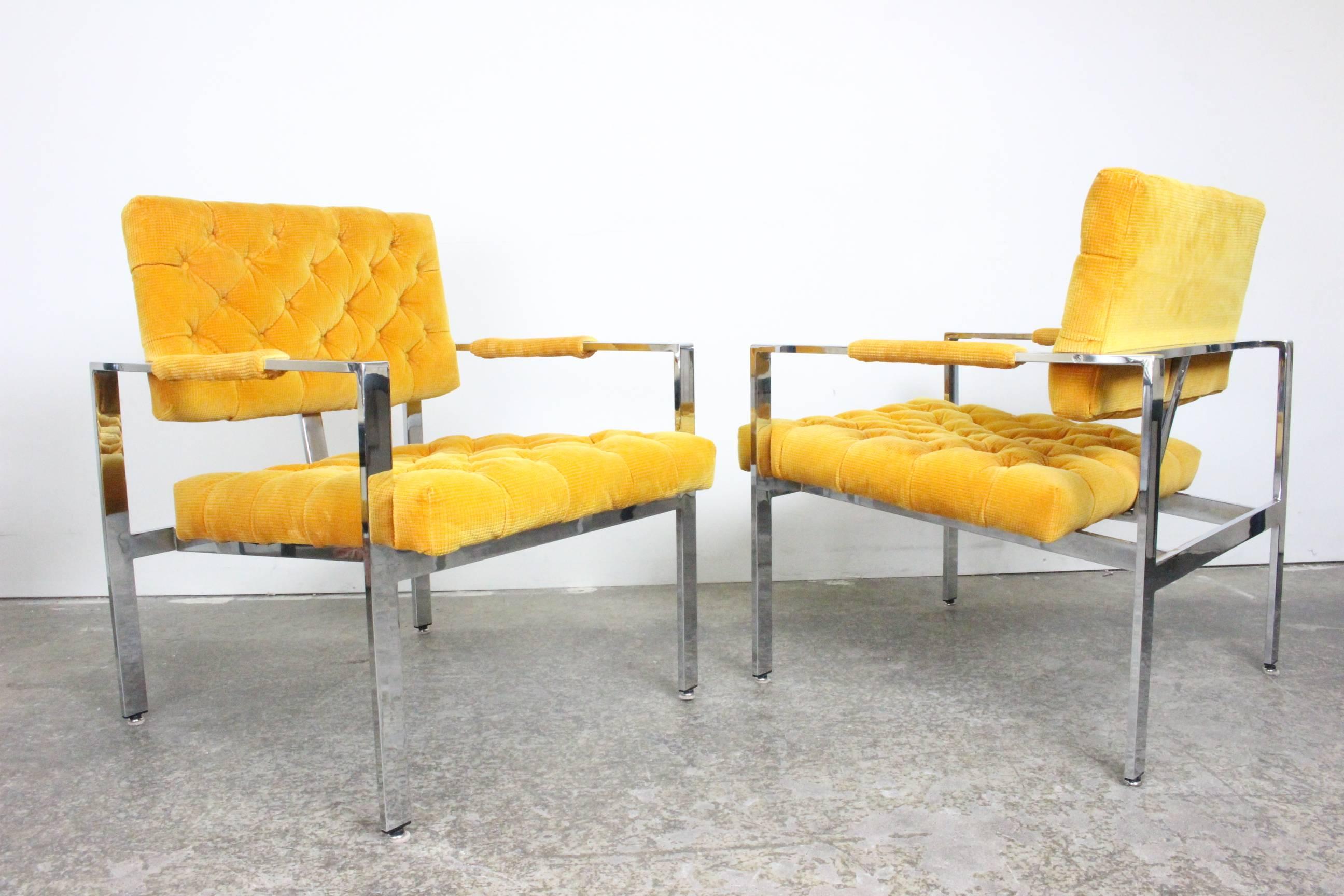 Mid-Century Modern Pair of Milo Baughman Chrome Cube Armchairs