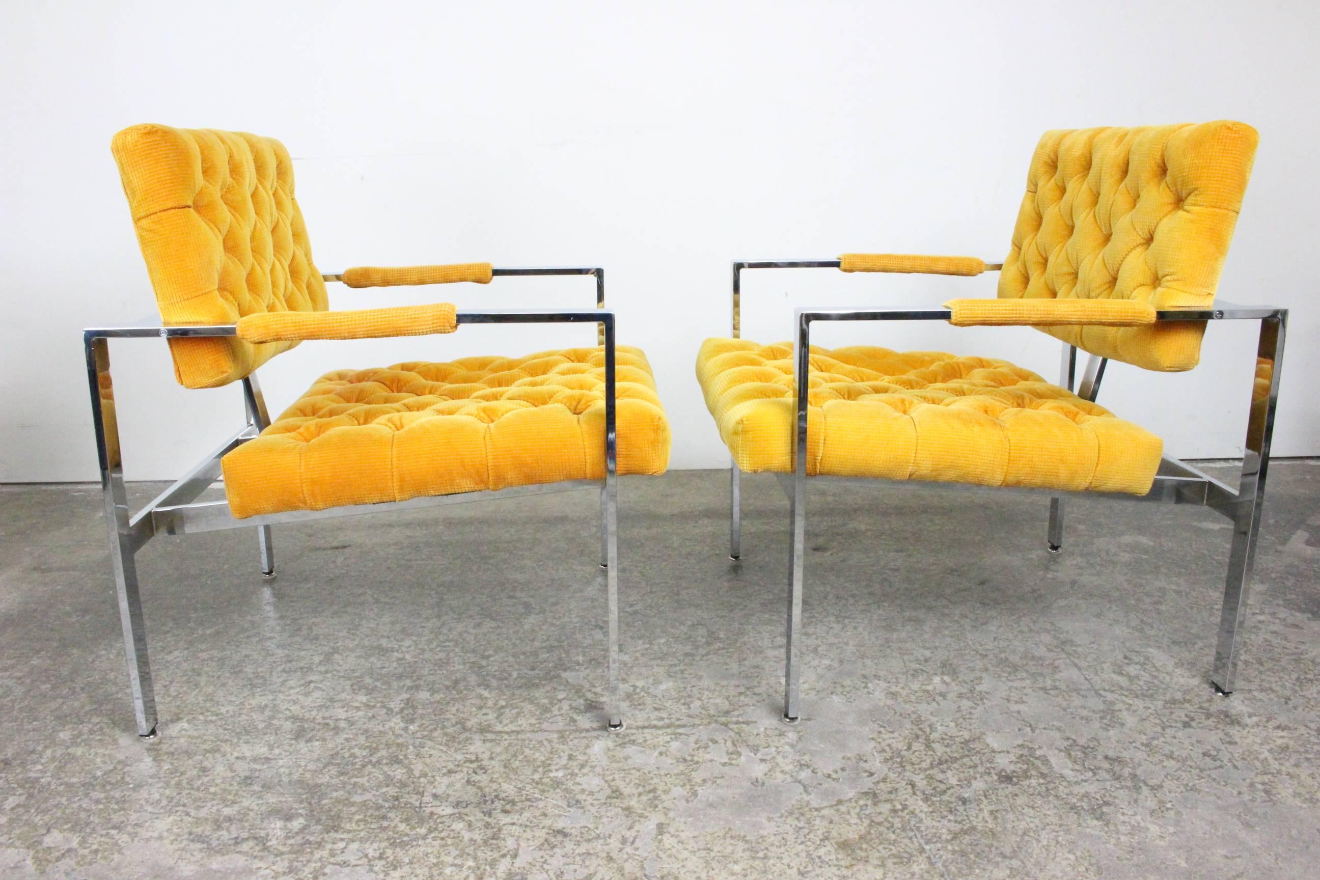 Pair of Milo Baughman Chrome Cube Armchairs In Good Condition In Dallas, TX