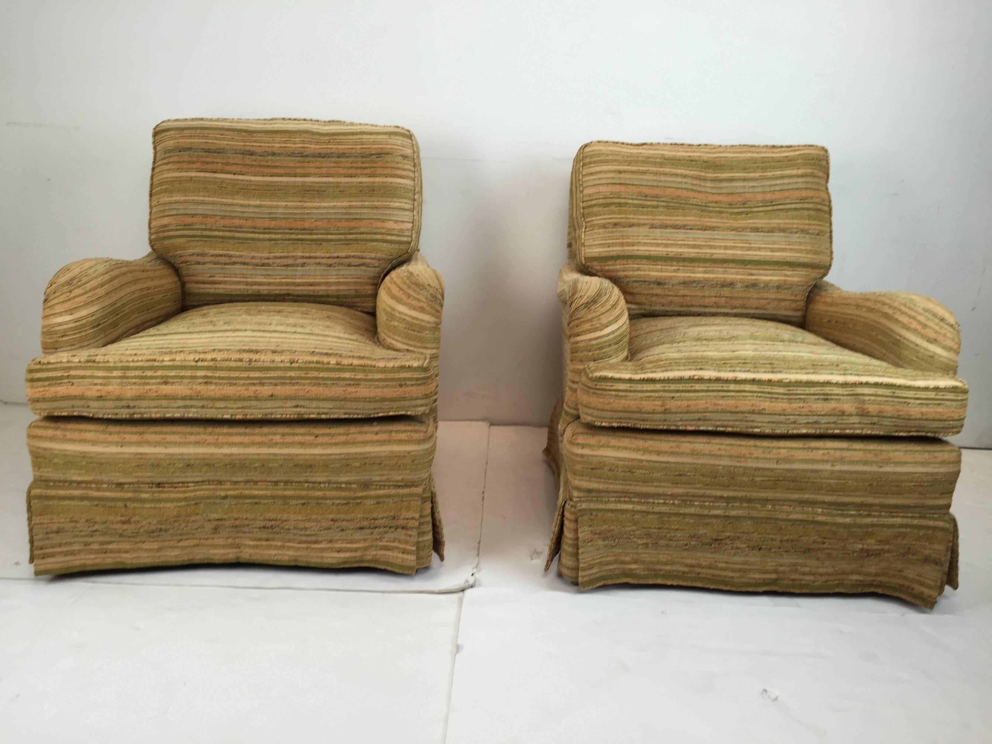 Stunning high quality, pair of heavy rolled arm English style club chairs covered in Mid-Century early 1950s fabric. Excellent and substantial quality. Ready for reuoholstery.