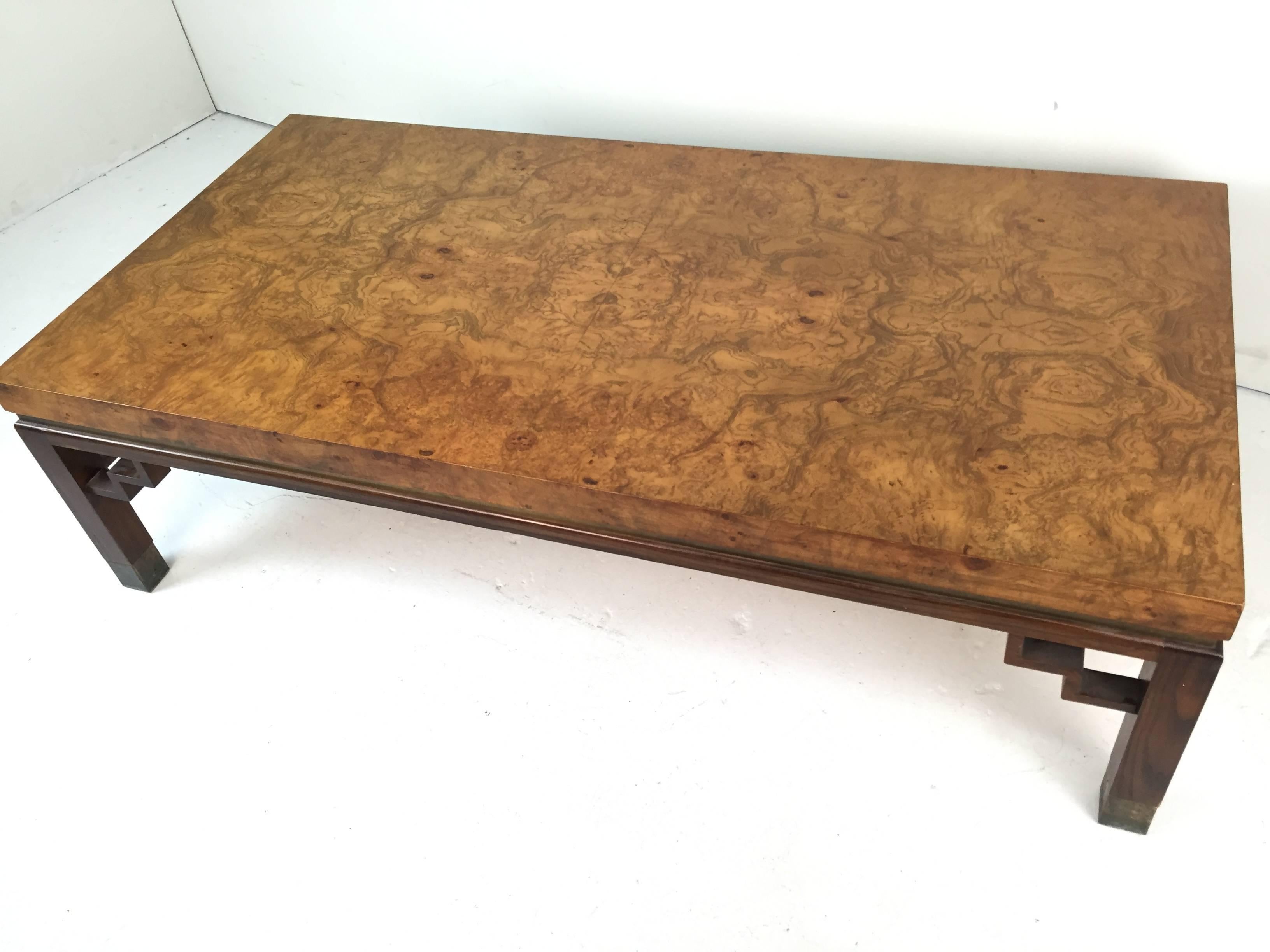 20th Century Burl Wood Rectangular Coffee Table with Rosewood Legs In Good Condition In Dallas, TX