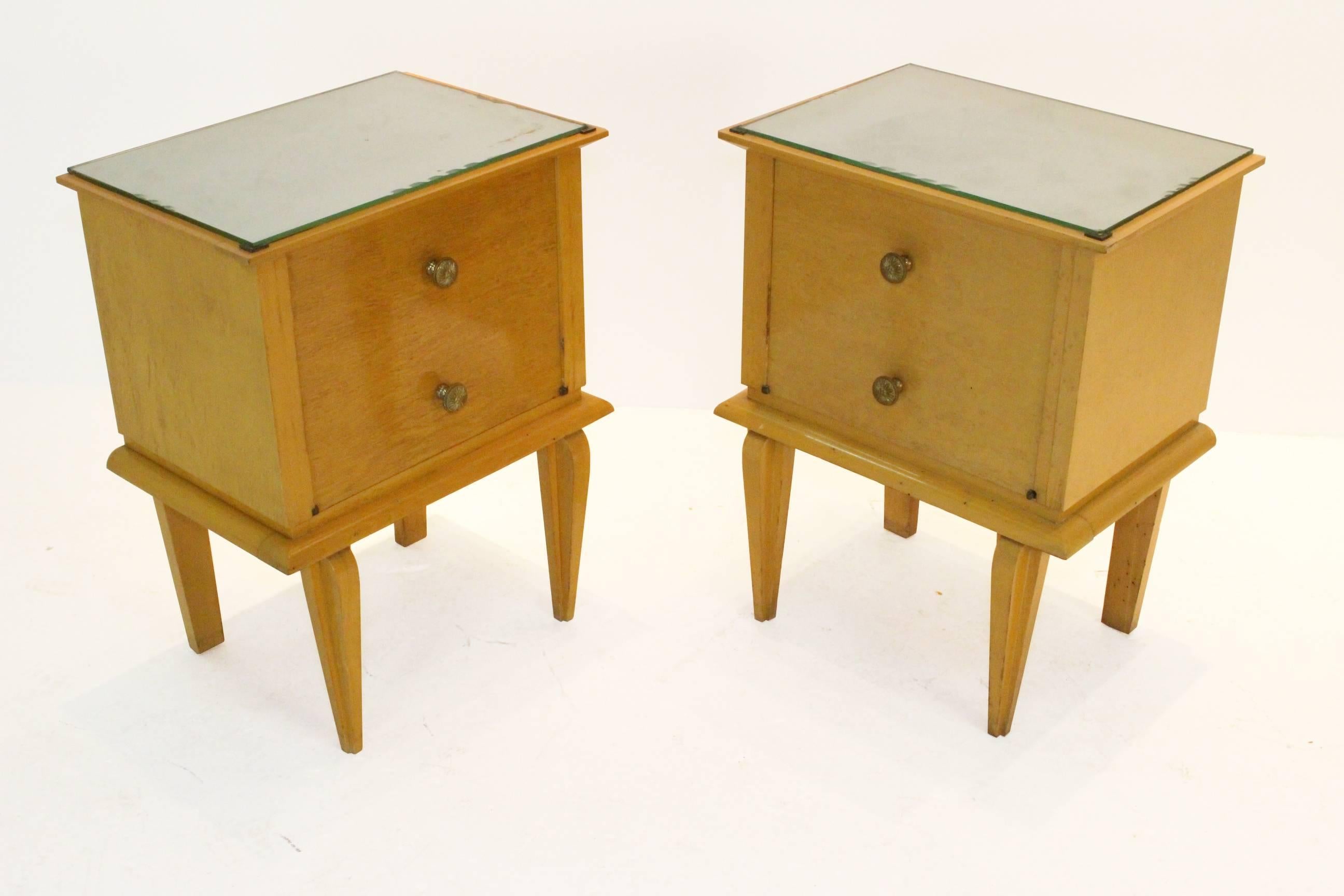French moderne beechwood nightstands with mirror tops.