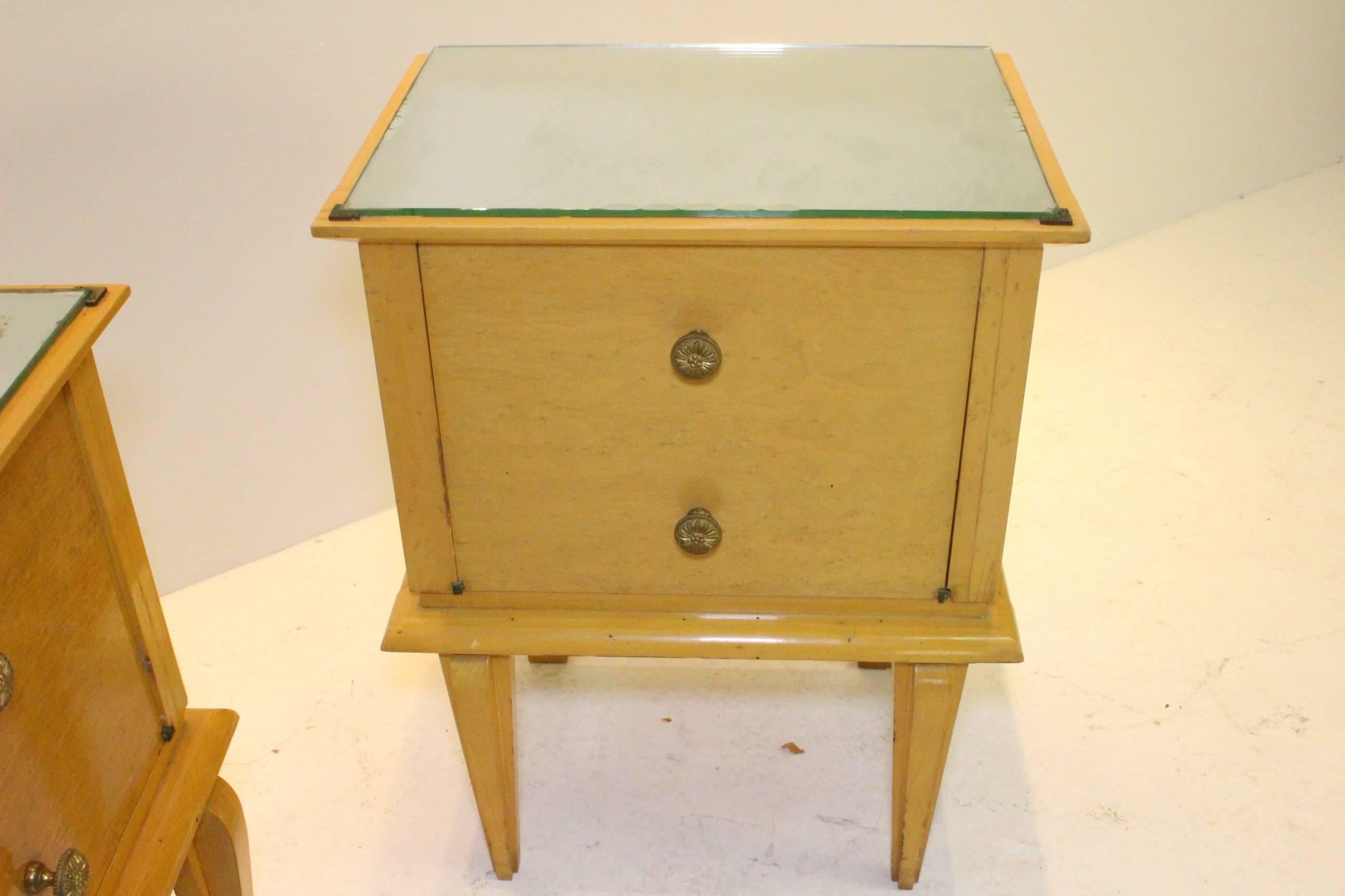 French Moderne Beechwood Nightstands with Mirror Tops 2